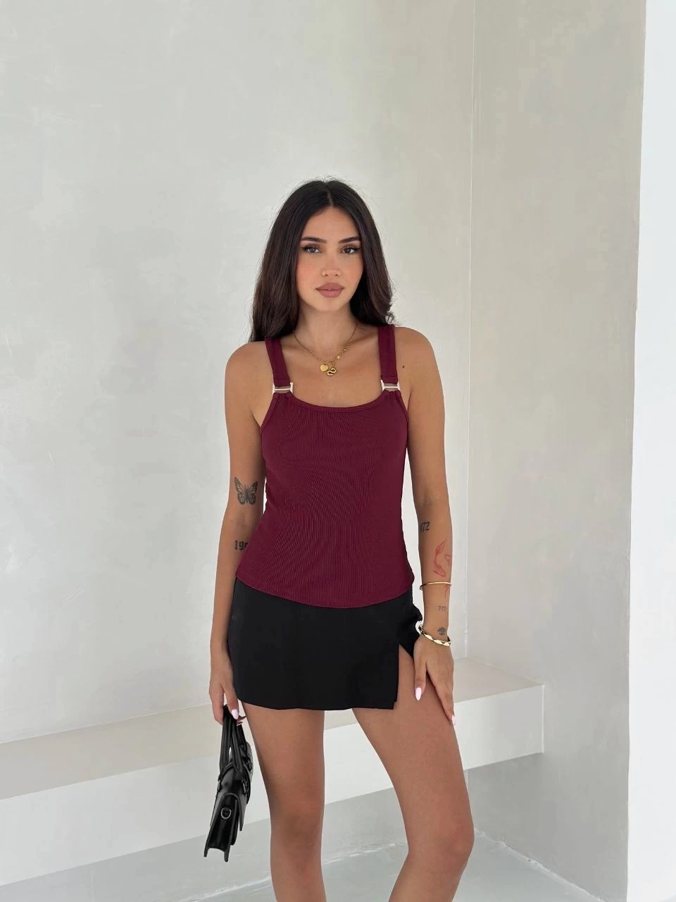 Ottoman toka askılı bluz bordo s4194