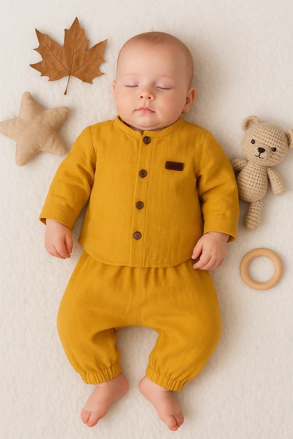 Oval Kesim 5 Düğmeli Müslin Kumaş 2li Erkek Bebek Takımı