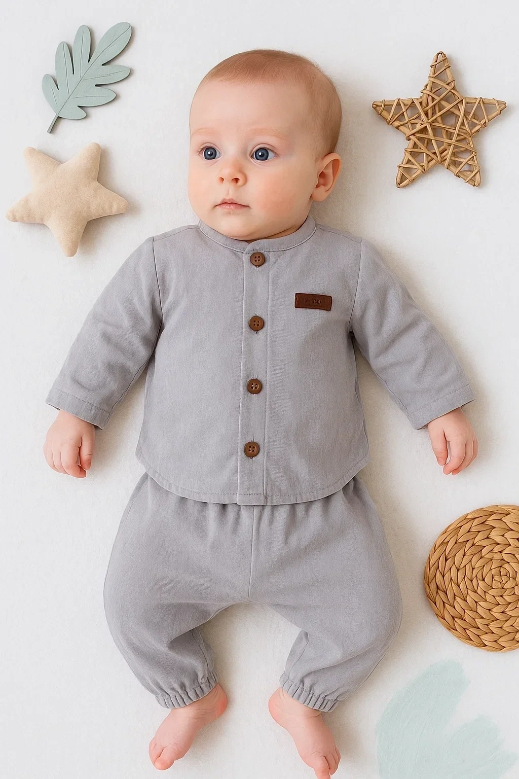Oval Kesim 5 Düğmeli Müslin Kumaş 2li Erkek Bebek Takımı
