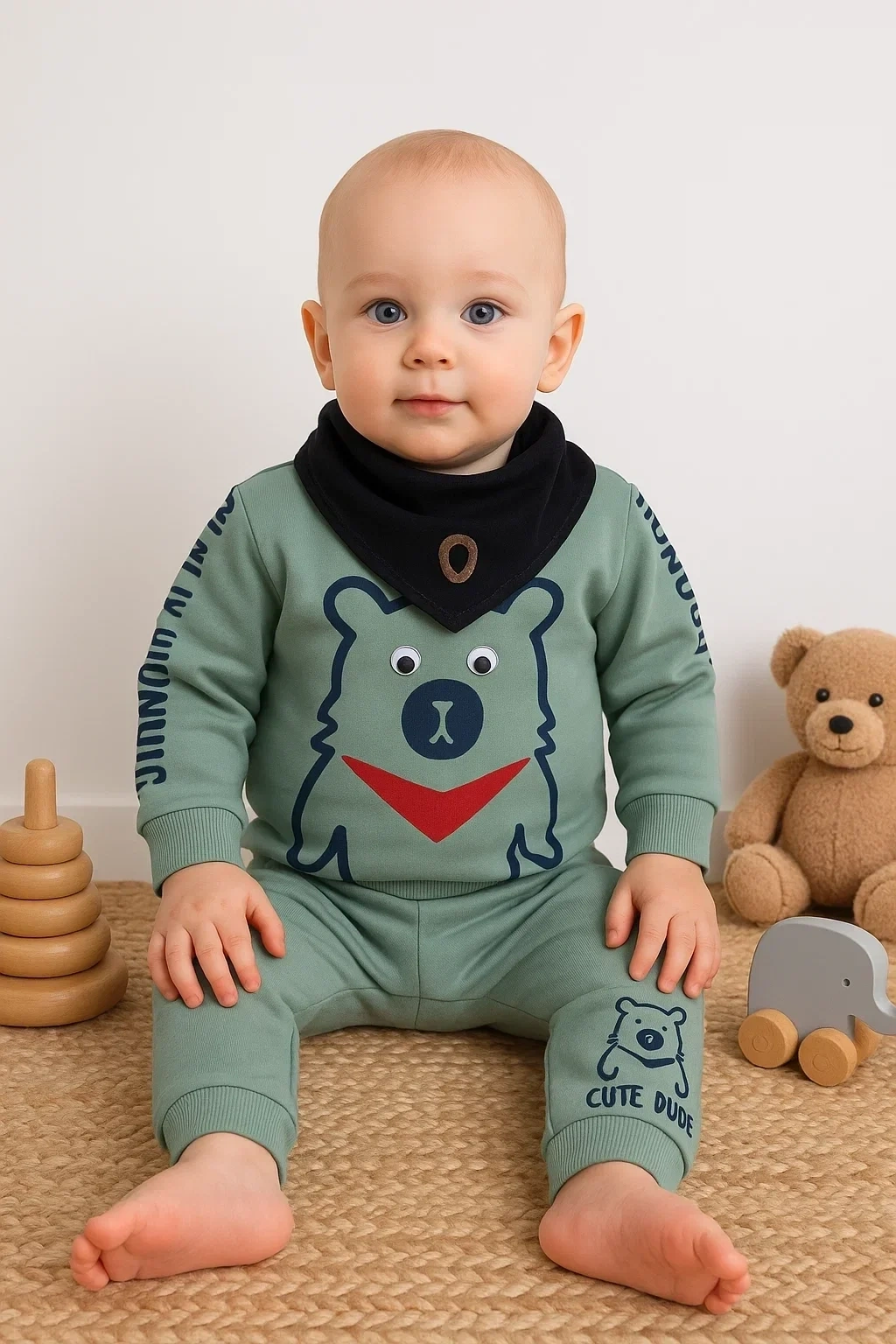 Oynar Gözlü Fularlı 3lü Erkek Bebek Takımı