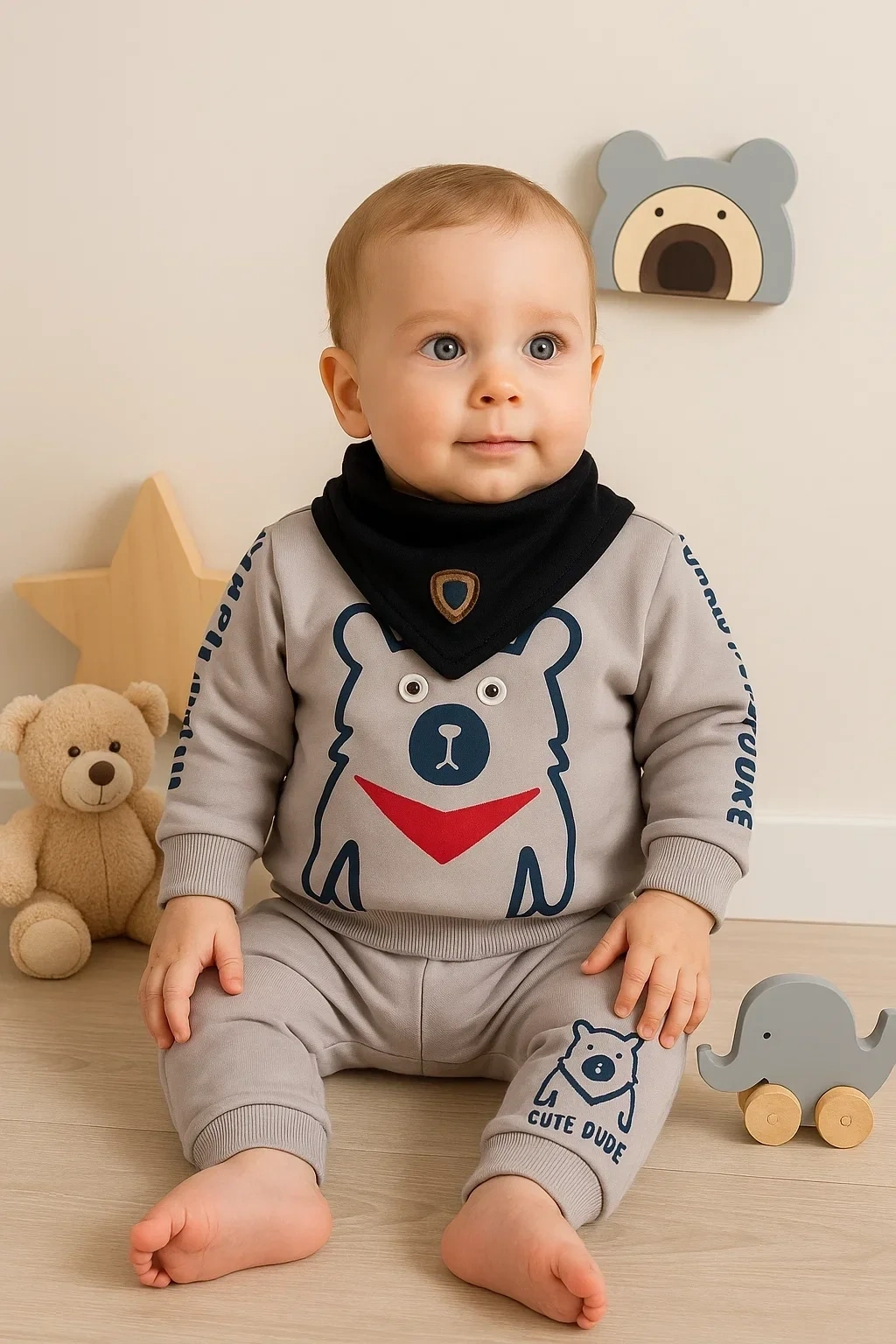 Oynar Gözlü Fularlı 3lü Erkek Bebek Takımı