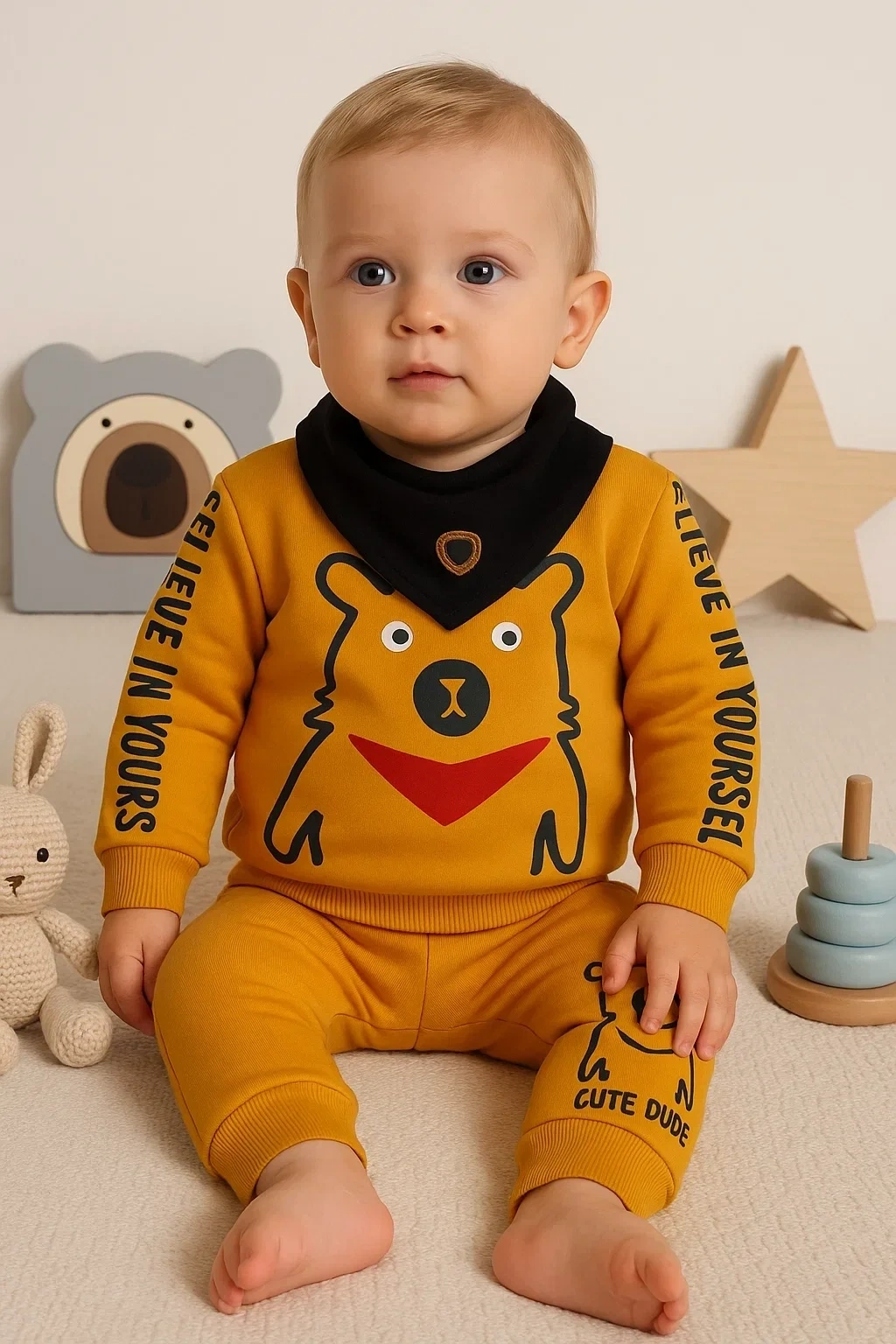 Oynar Gözlü Fularlı 3lü Erkek Bebek Takımı