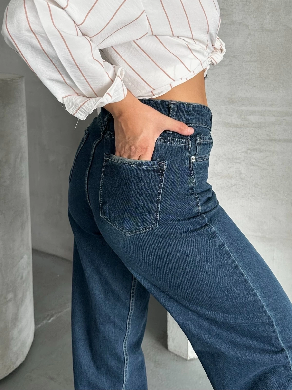 Palazzo bıyık enzim yıkama jeans pantolon koyu mavi
