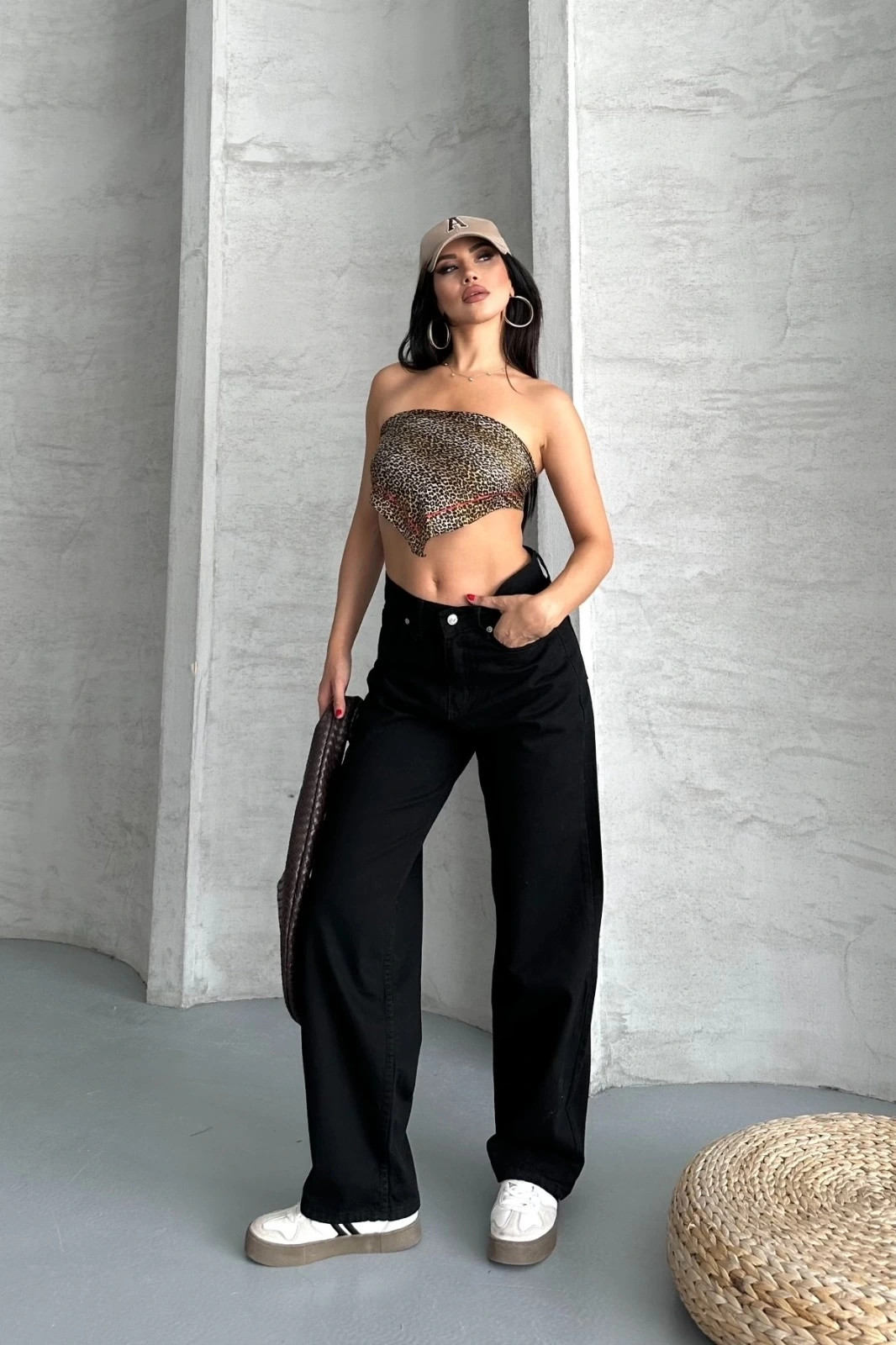 Palazzo straight enzim süper taş yıkama jeans pantolon siyah