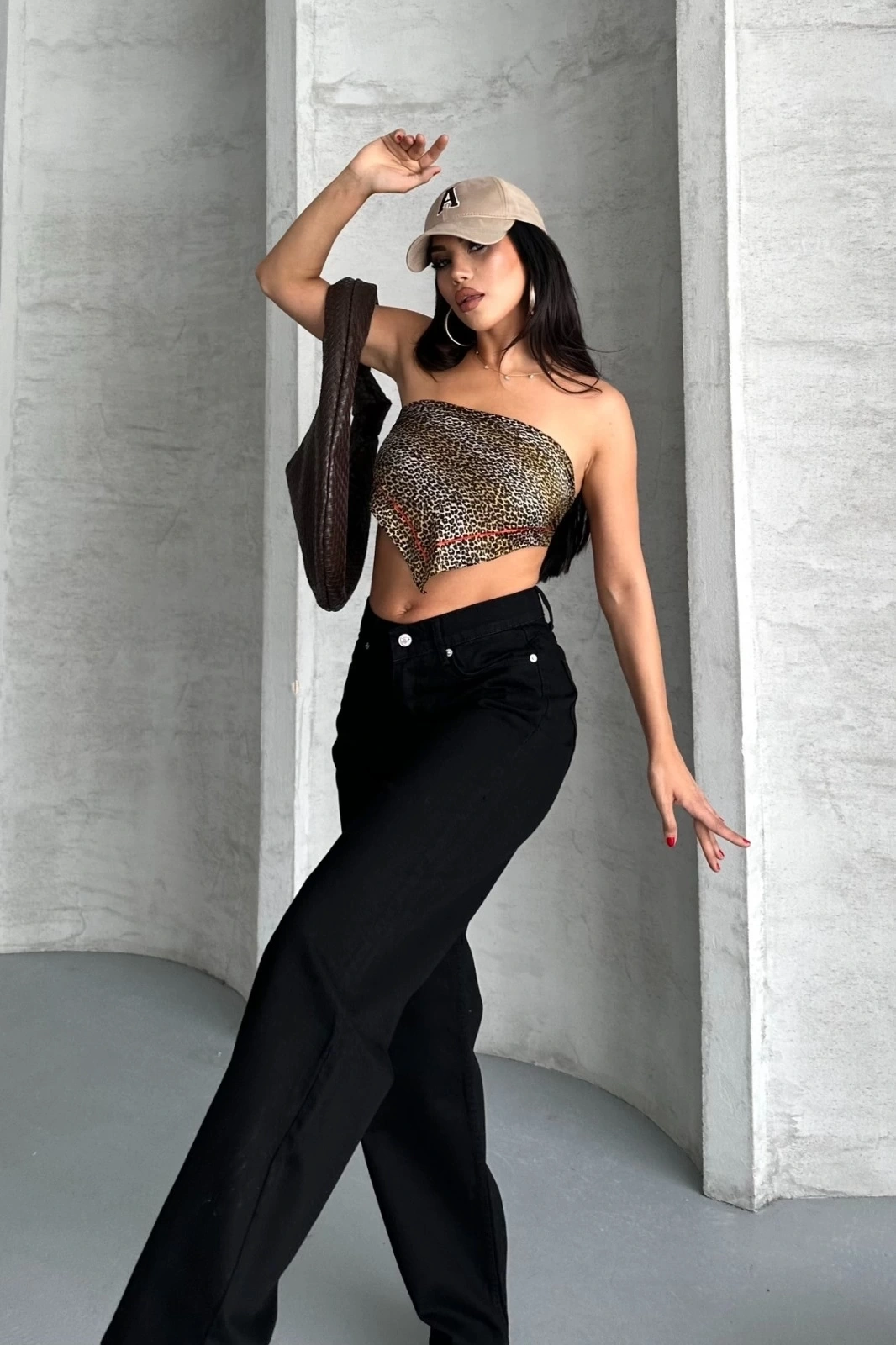 Palazzo straight enzim süper taş yıkama jeans pantolon siyah