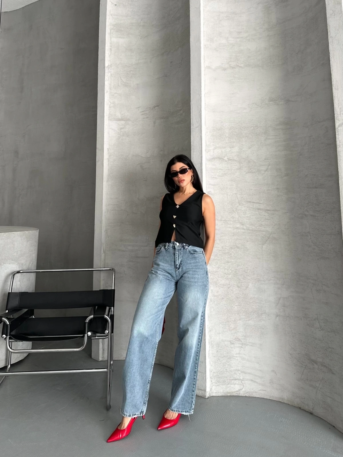 Palazzo straight kar yıkama jeans pantolon mavi
