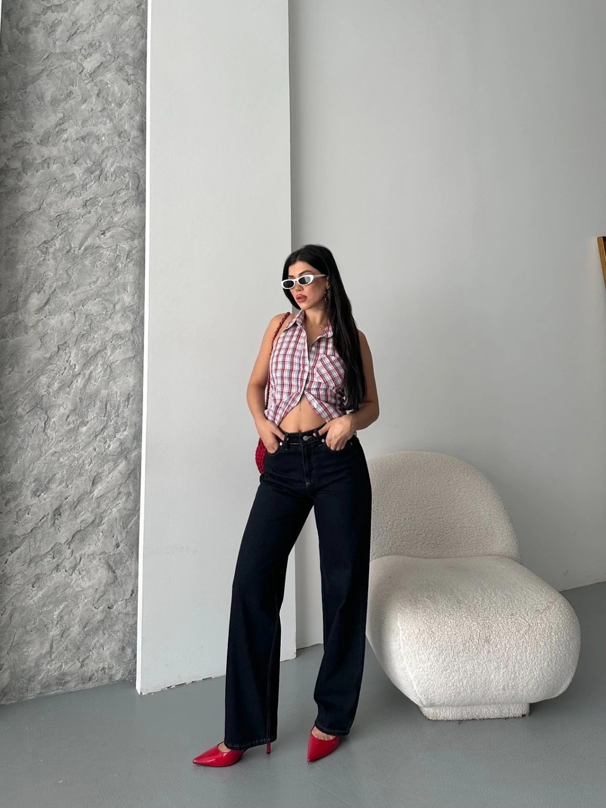 Palazzo süper taş enzim tint yıkama koyu lacivert jeans pantolon