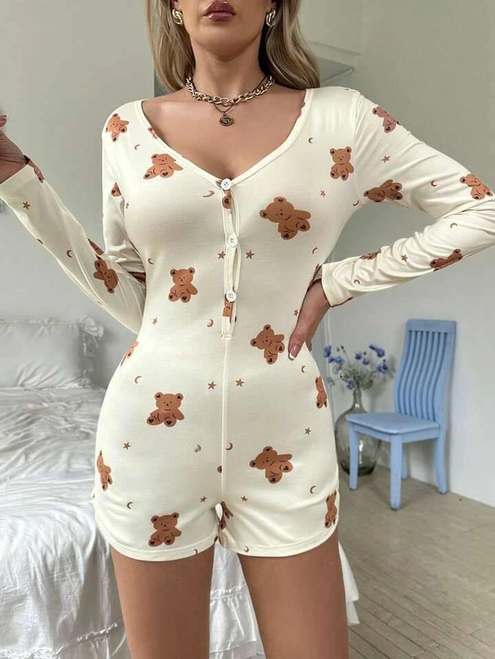 Pamuklu Ekru Ayıcık Desenli Düğmeli Tulum Pijama