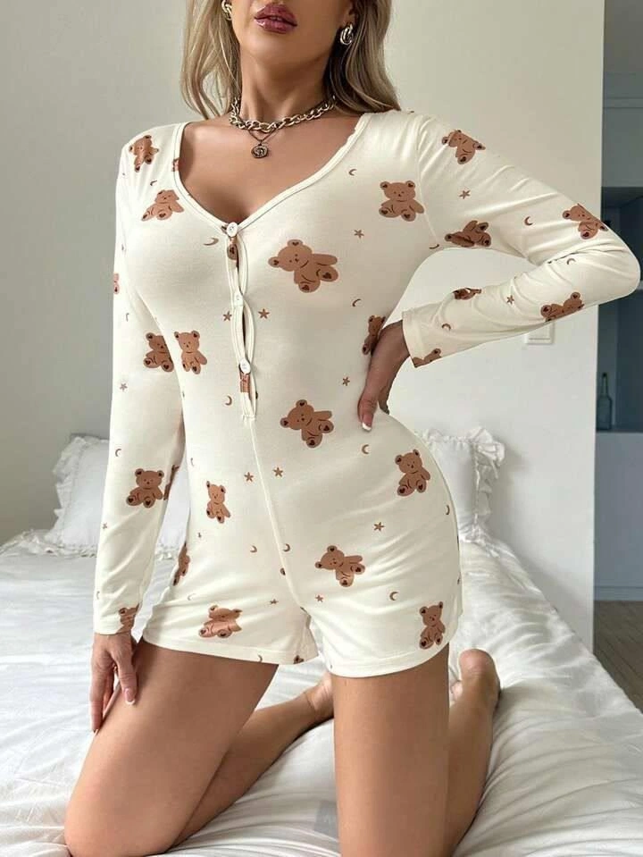 Pamuklu Ekru Ayıcık Desenli Düğmeli Tulum Pijama