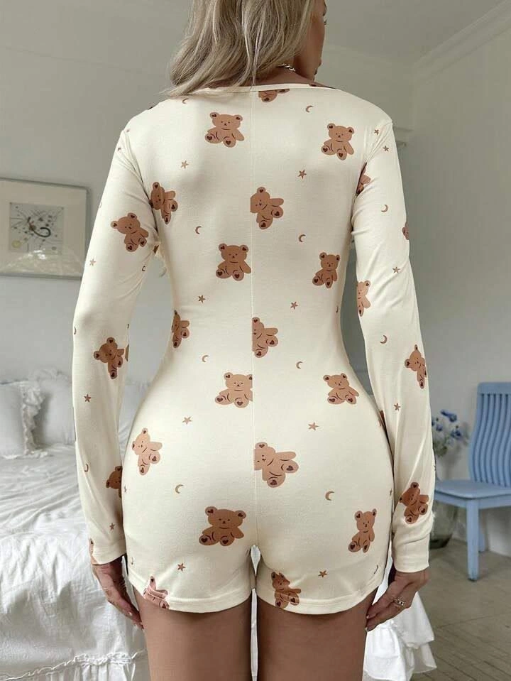 Pamuklu Ekru Ayıcık Desenli Düğmeli Tulum Pijama