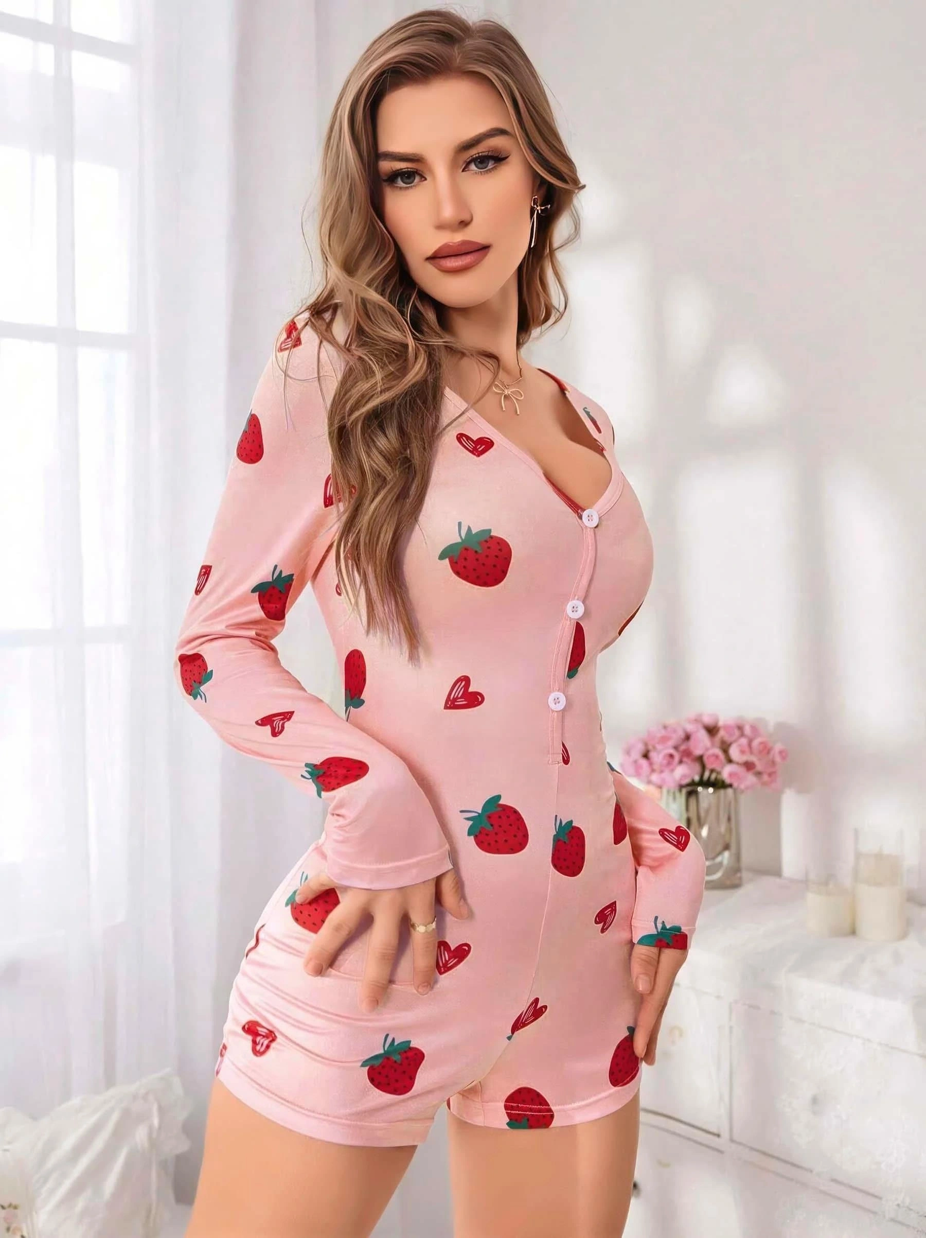 Pamuklu Pembe Çilek Desenli Tulum Pijama
