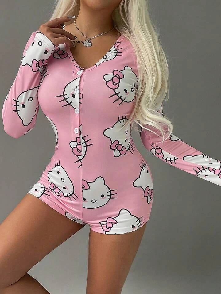 Pamuklu Pembe Hello Kitty Desenli Düğmeli Uzun Kol Tulum Pijama
