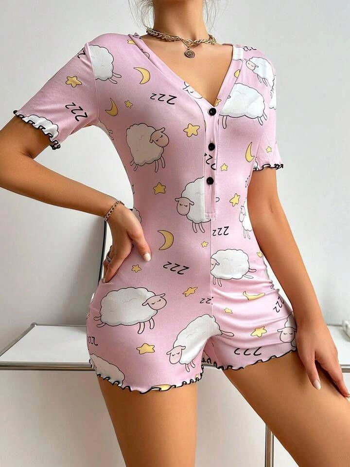Pamuklu Pembe Kuzu Desenli Düğmeli Uzun Kol Tulum Pijama