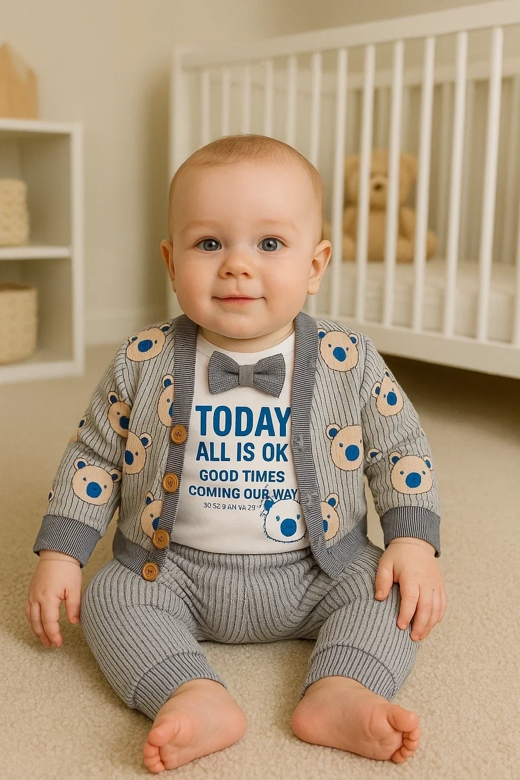 Papyonlu Bear Çizgili Model Ceketli 3lü Erkek Bebek Takımı