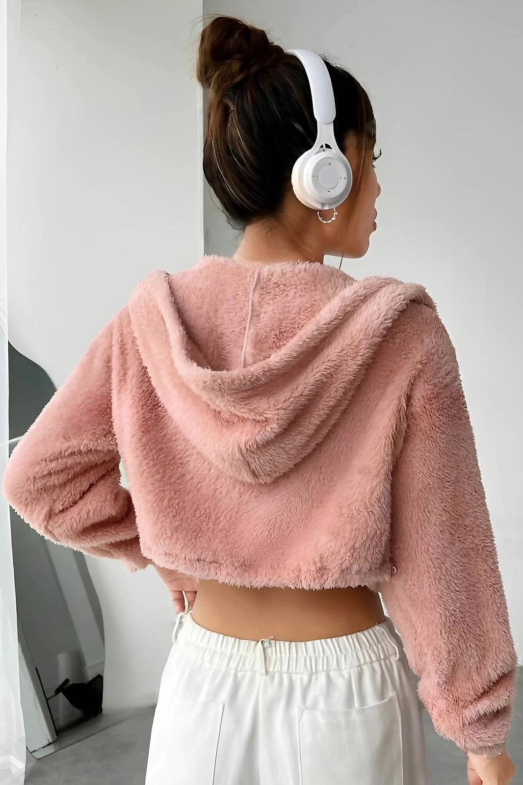 Peluş ceket kapşonlu pudra