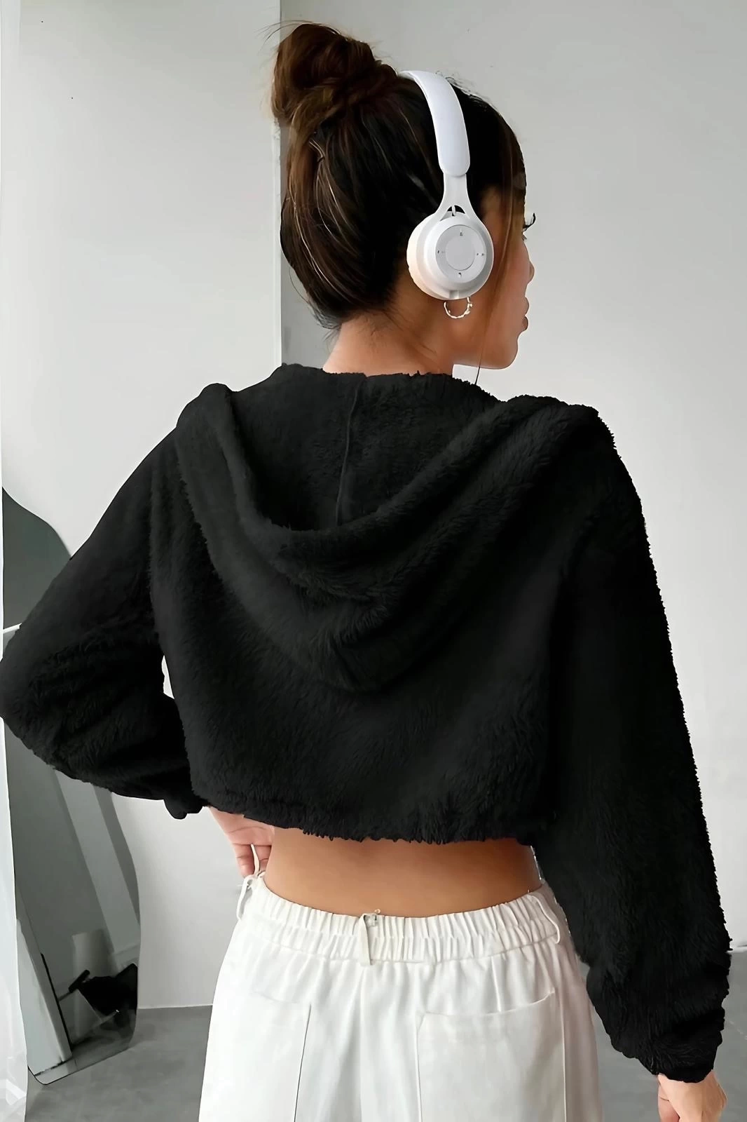Peluş ceket kapşonlu siyah