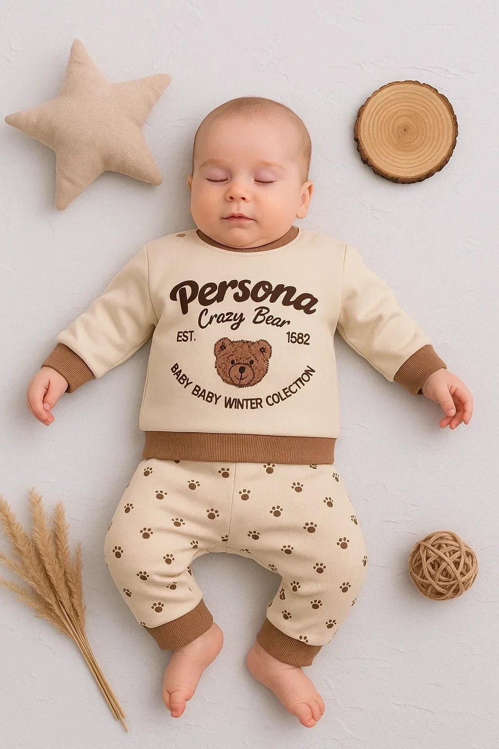 Persona Bear Nakışlı % 100 Pamuk 2li Erkek Bebek Takım