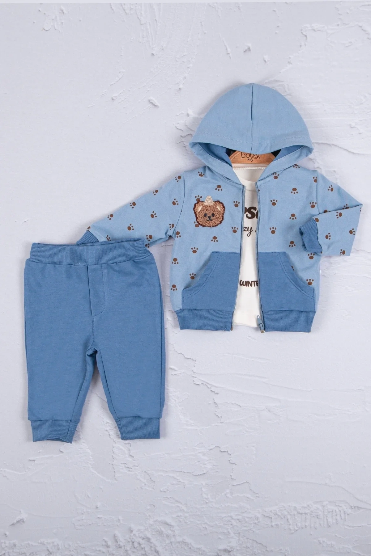 Persona Bear Nakışlı % 100 Pamuk 3li Erkek Bebek Takım