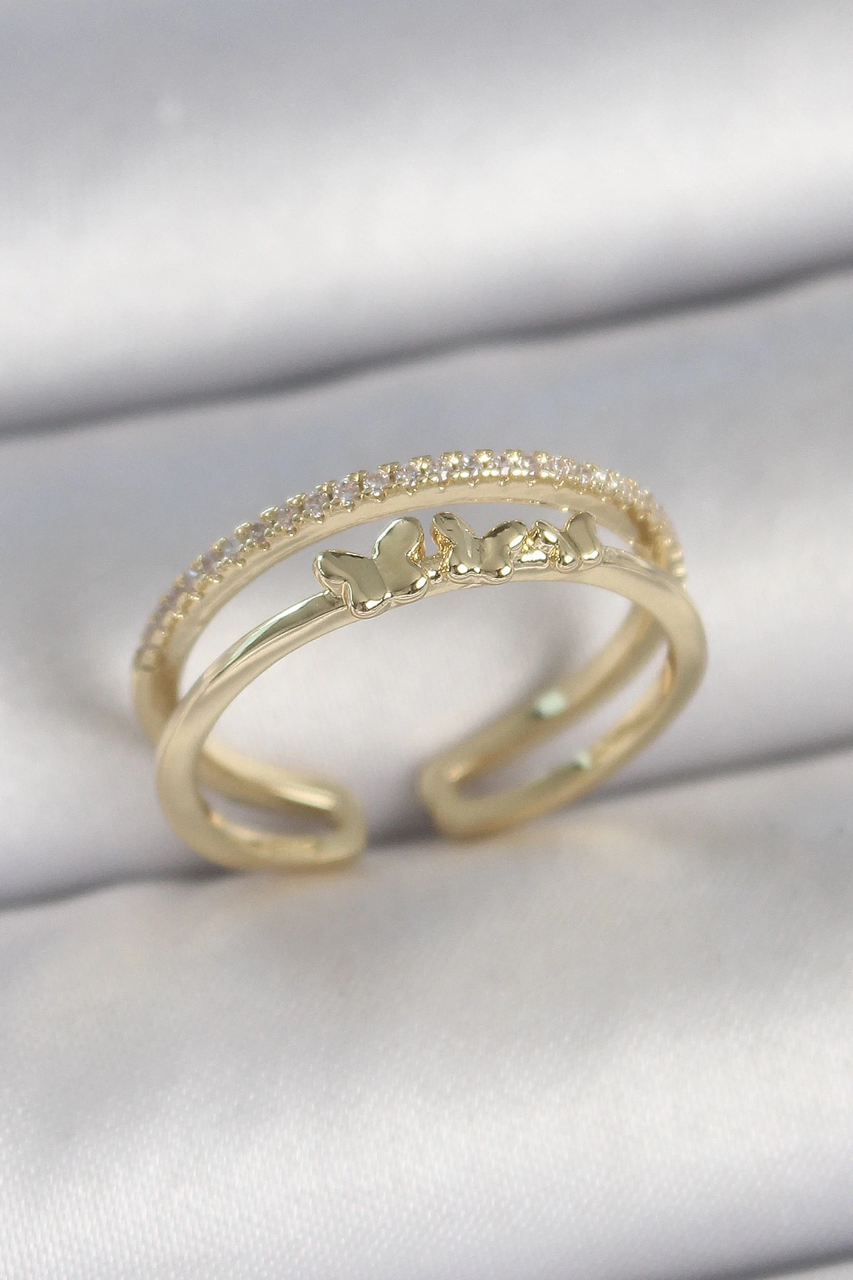 Pirinç Gold Renk 2Li Sıra Zirkon Taş Detaylı Kelebek Figürlü Ayarlanabilir Model Kadın Yüzük