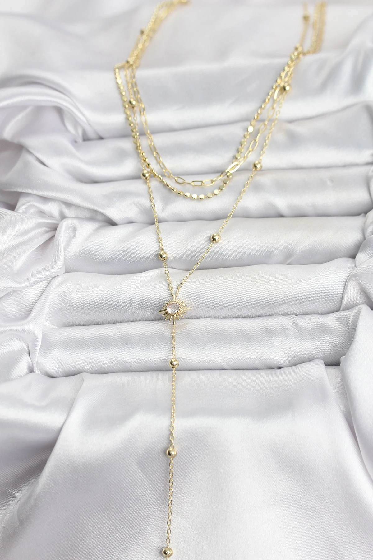 Pirinç Gold Renk Güneş Model Detaylı 3lü Kombin Y Kadın Kolye