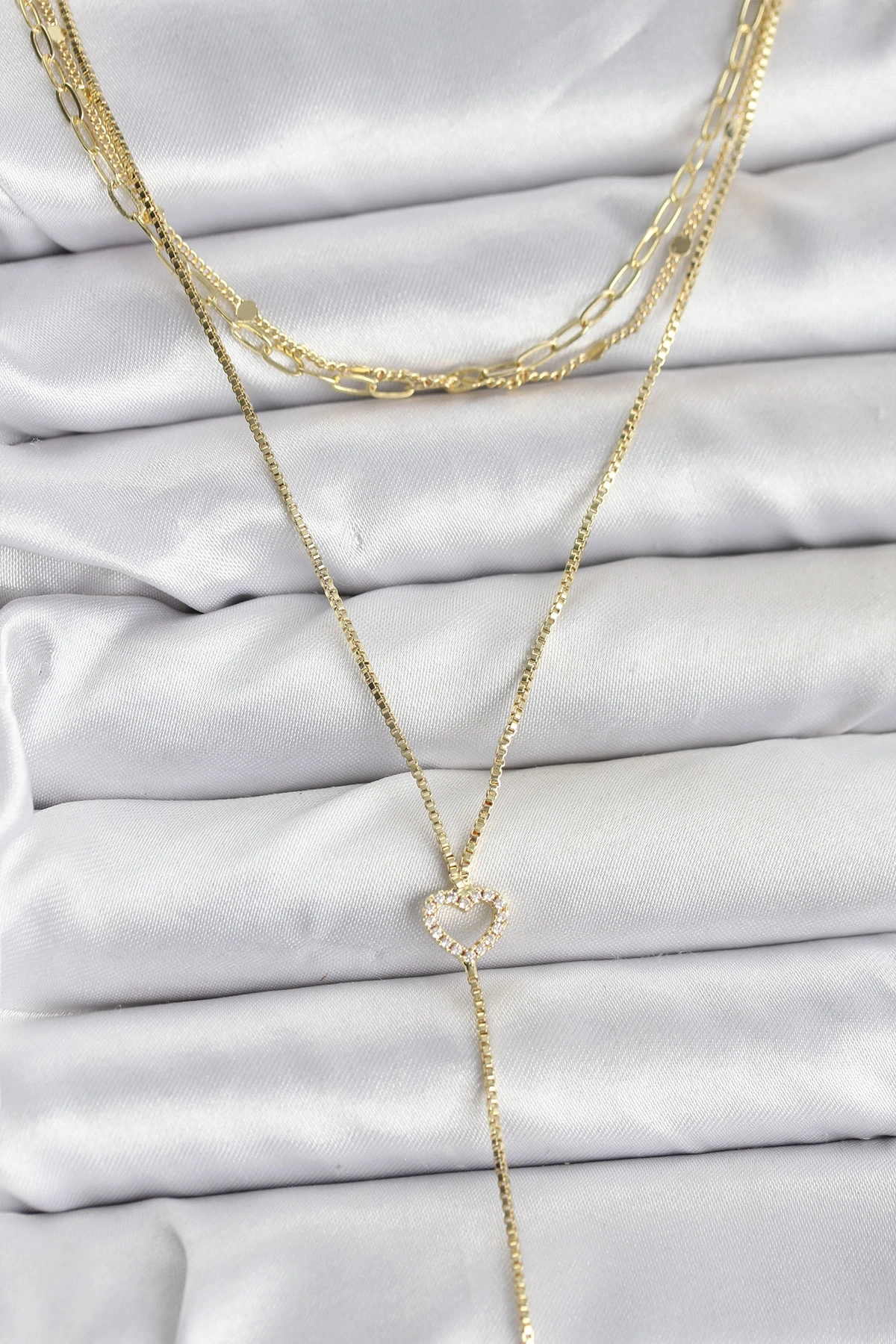 Pirinç Gold Renk Kalp Detaylı 3lü Kombin Y Kadın Kolye