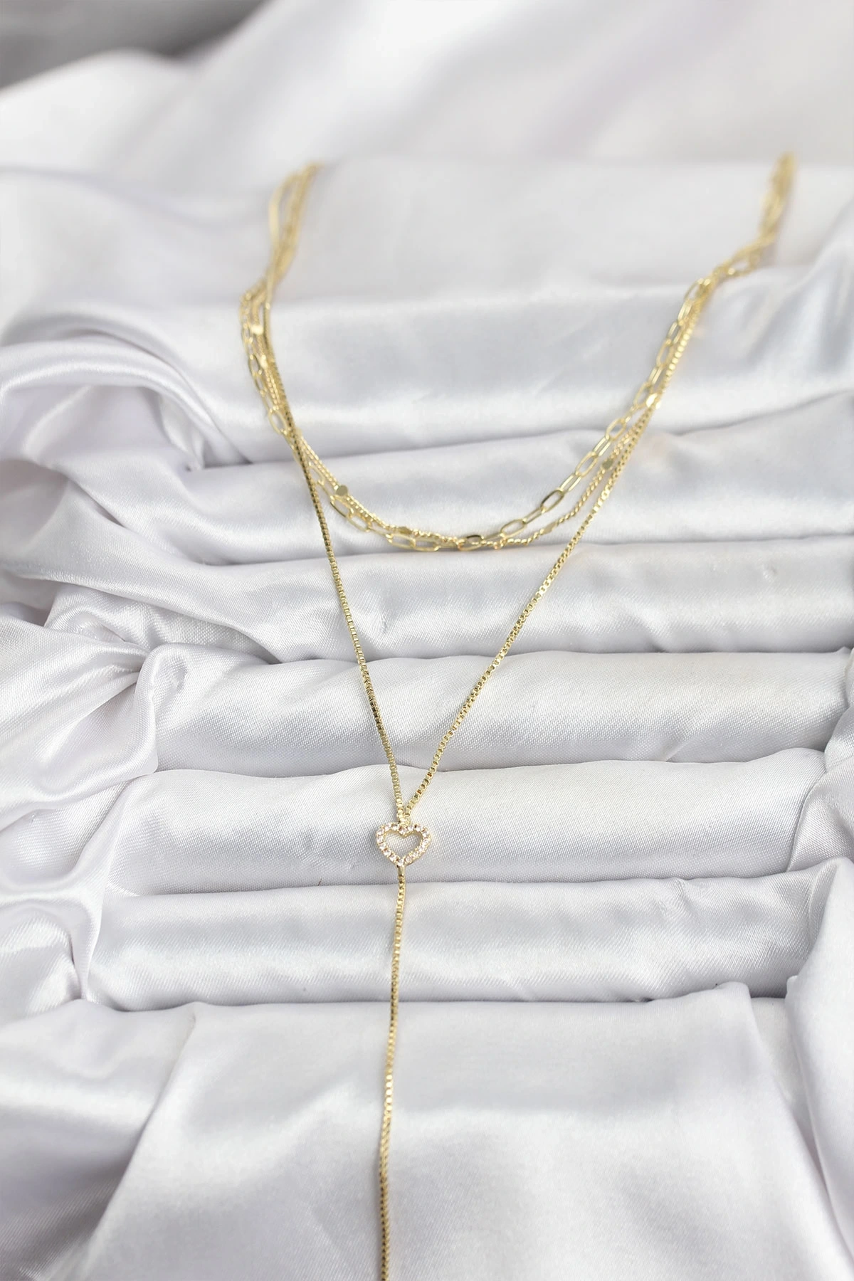 Pirinç Gold Renk Kalp Detaylı 3lü Kombin Y Kadın Kolye