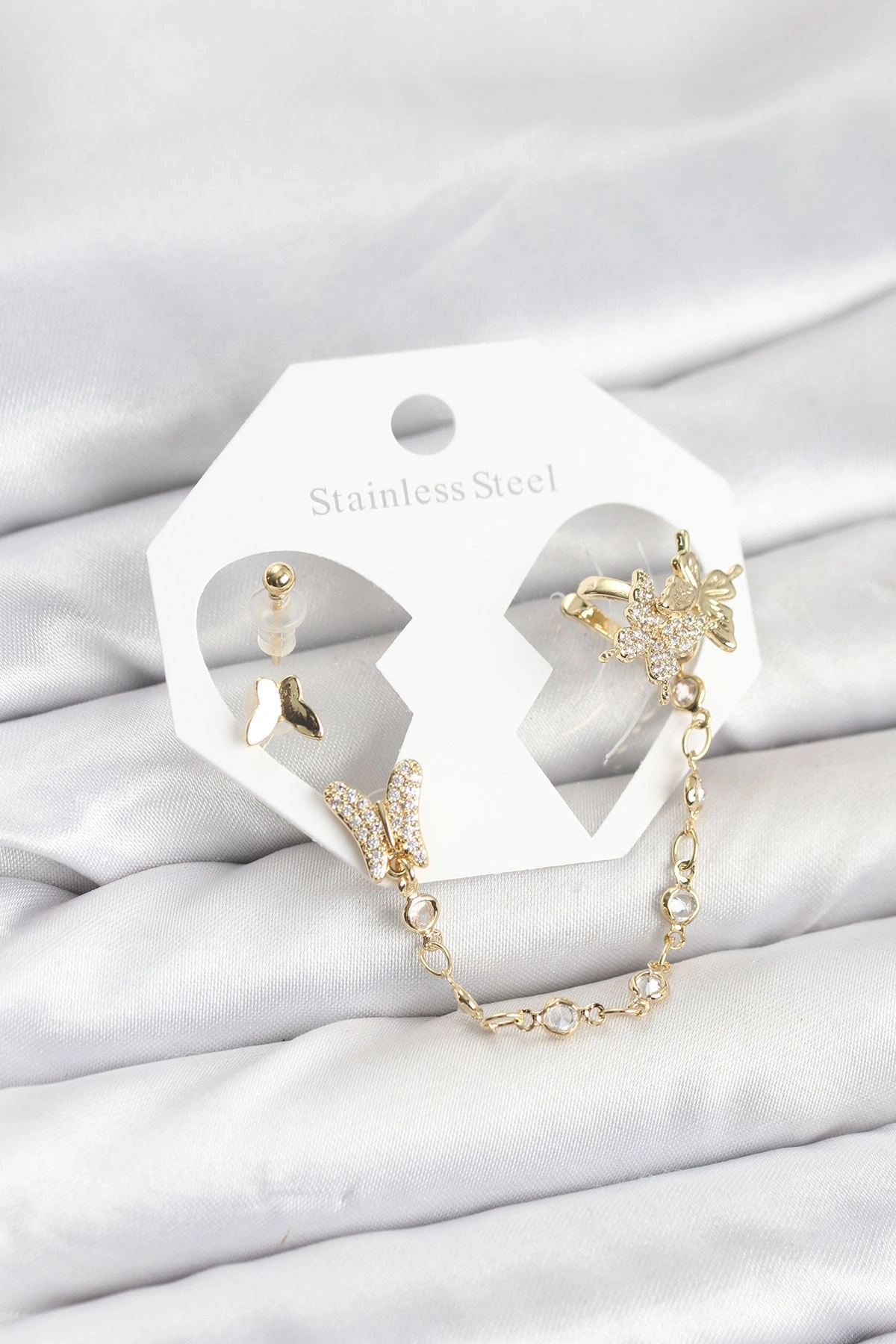 Pirinç Gold Renk Kelebek Model Zincir Bağlantılı Ear Cuff Küpe Seti