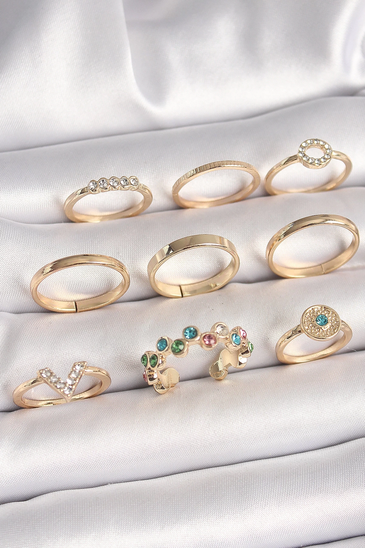 Pirinç Gold Renk Renkli Zirkon Taşlı Kadın Yüzük Kombini