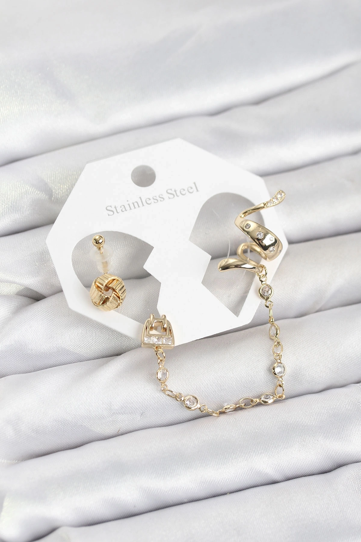 Pirinç Gold Renk Yılan Model Zincir Bağlantılı Ear Cuff Küpe Seti