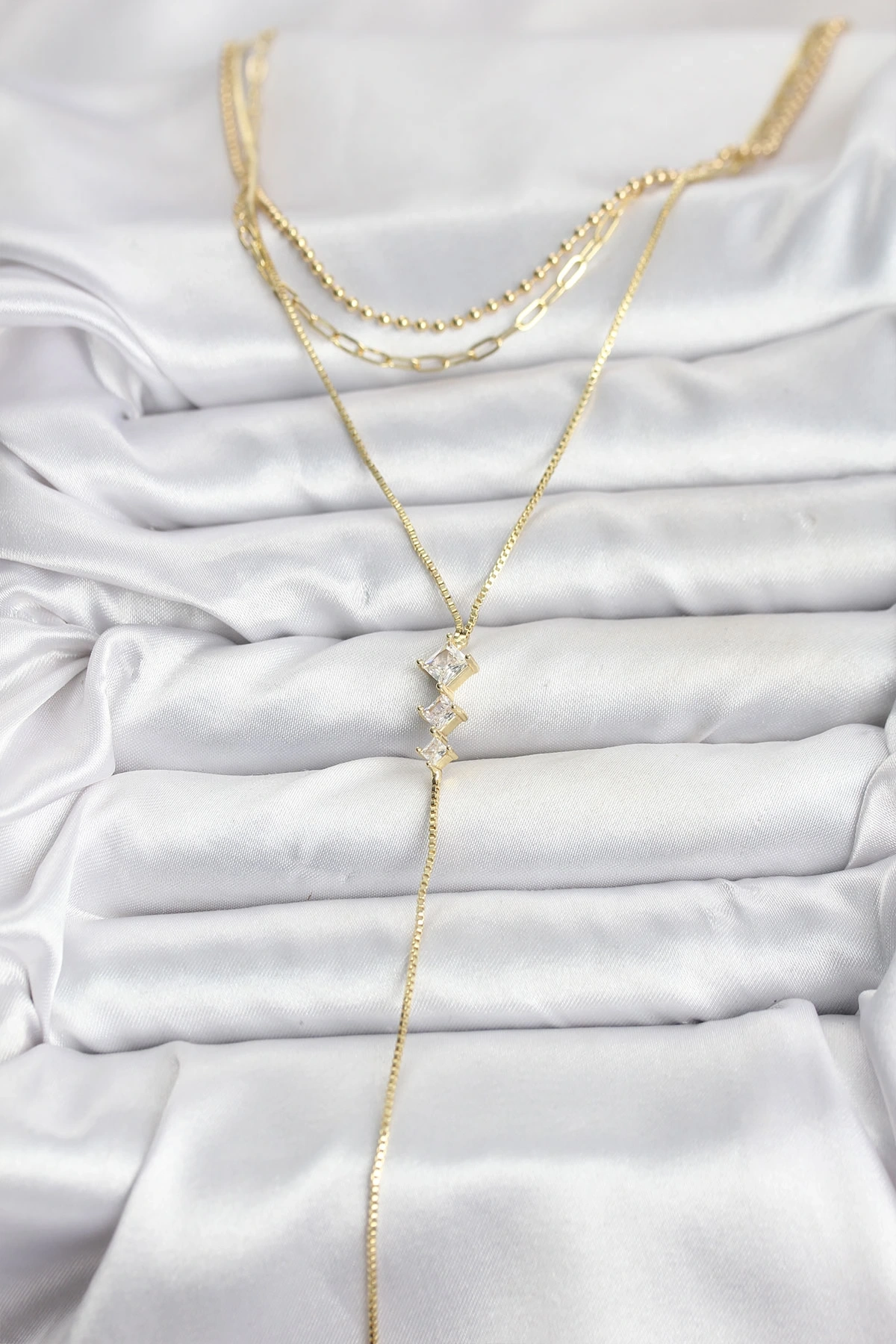 Pirinç Gold Renk Zirkon Taş Detaylı 3lü Kombin Y Kadın Kolye