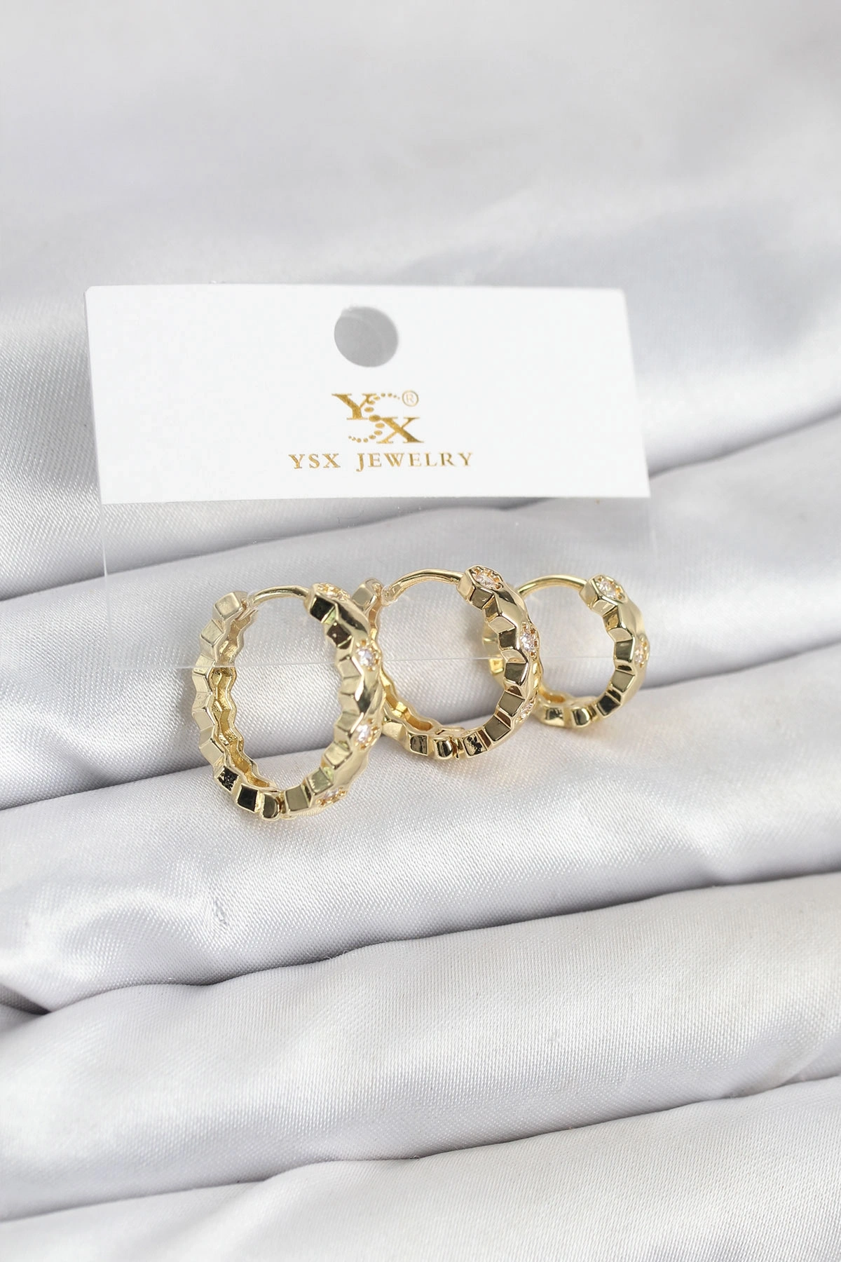 Pirinç Gold Renk Zirkon Taşlı Petek Halka Model YSX Trio Küpe Seti