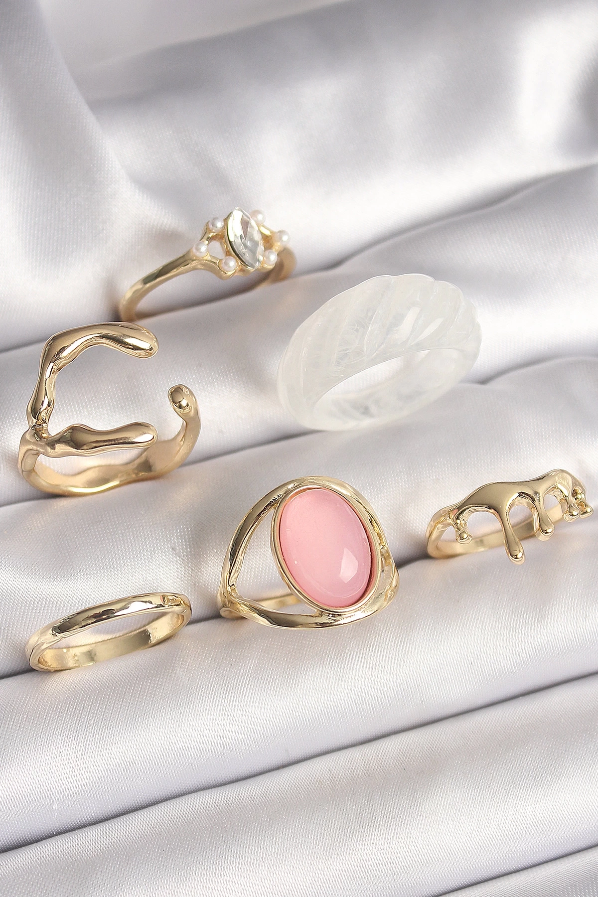 Pirinç Gold Renk Zirkonlı Oval Pembe Mineli 6Lı Kadın Yüzük Seti