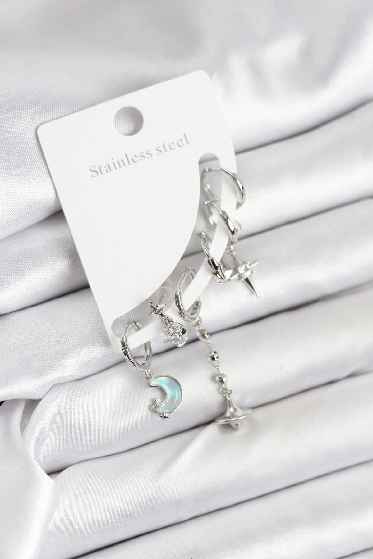 Pirinç Gümüş Renk Ay Model Kadın Set Küpe