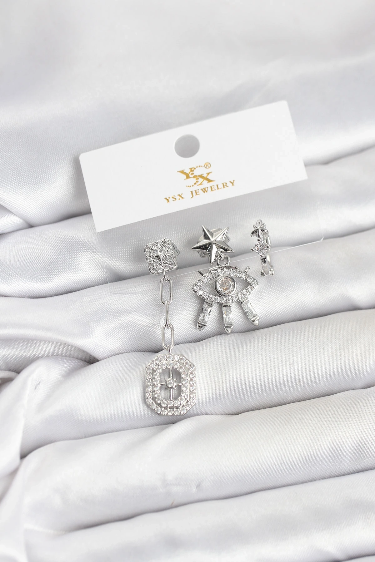 Pirinç Gümüş Renk Göz ve Kutup Yıldızı Model YSX Trio Küpe Seti