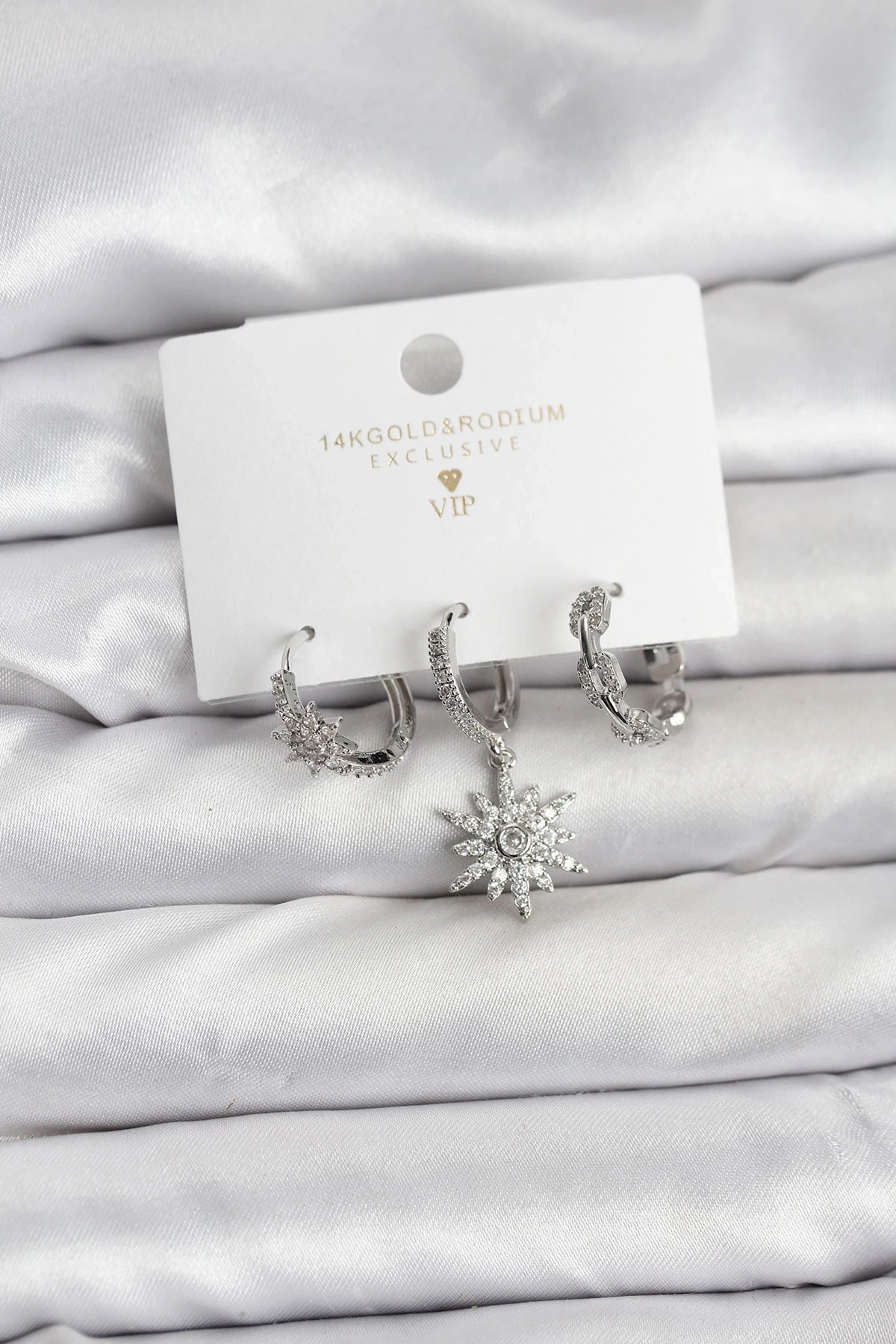 Pirinç Gümüş Renk Kutup Yıldızı Model 3lü Kadın Küpe Seti