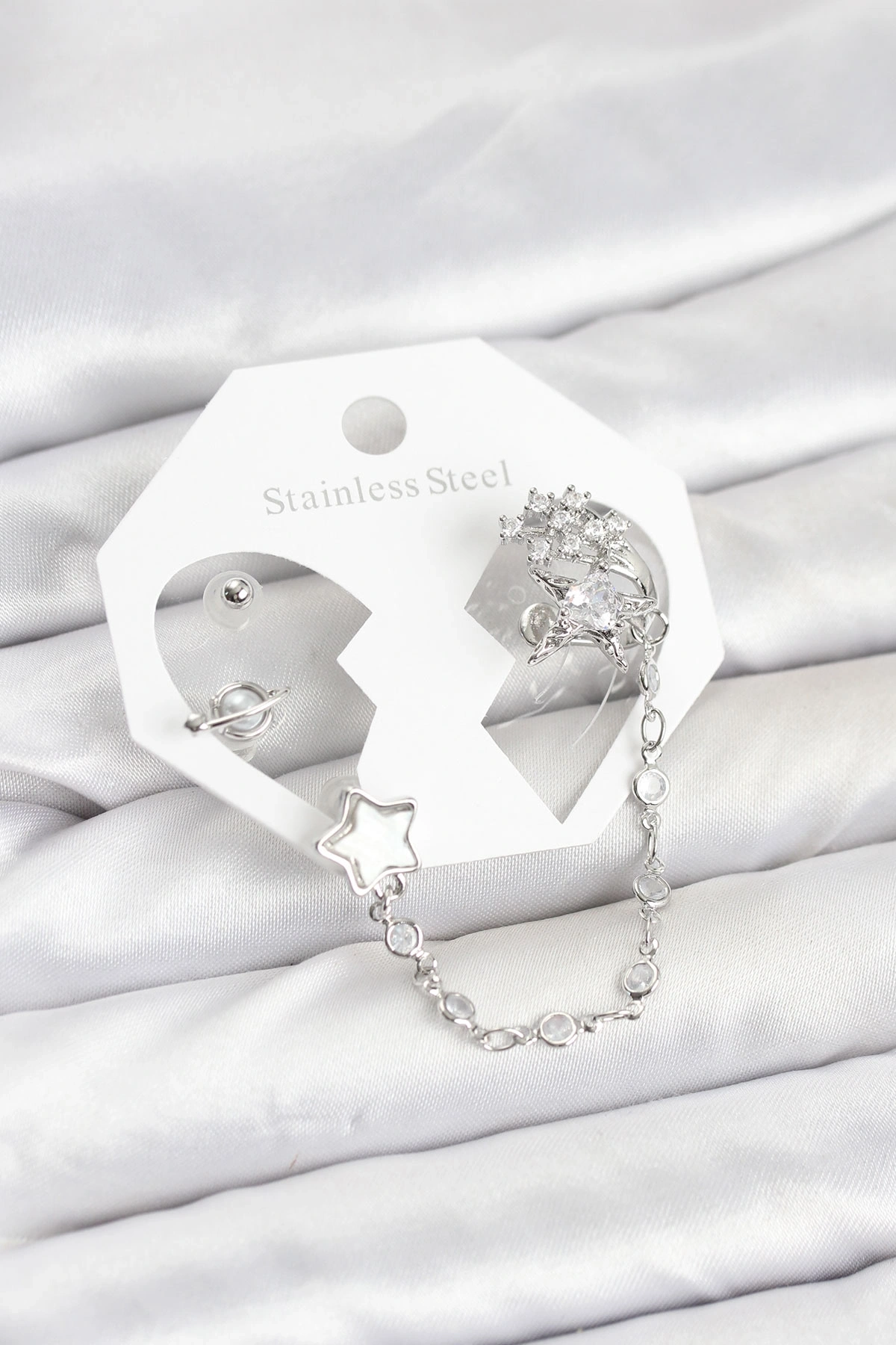 Pirinç Gümüş Renk Yıldız Model Zincir Bağlantılı Ear Cuff Küpe Seti