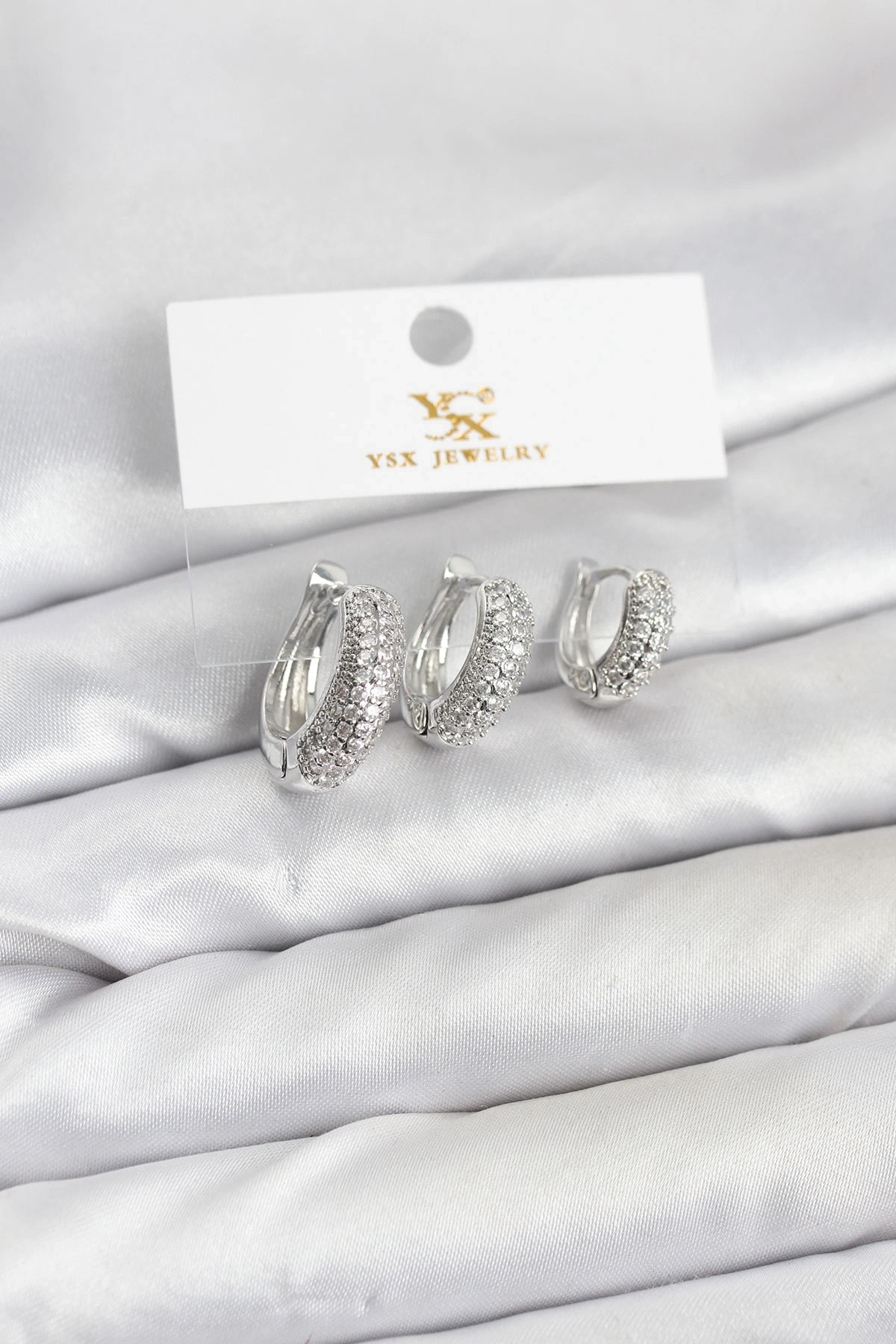 Pirinç Gümüş Renk Zirkon Taşlı Halka Model YSX Trio Küpe Seti