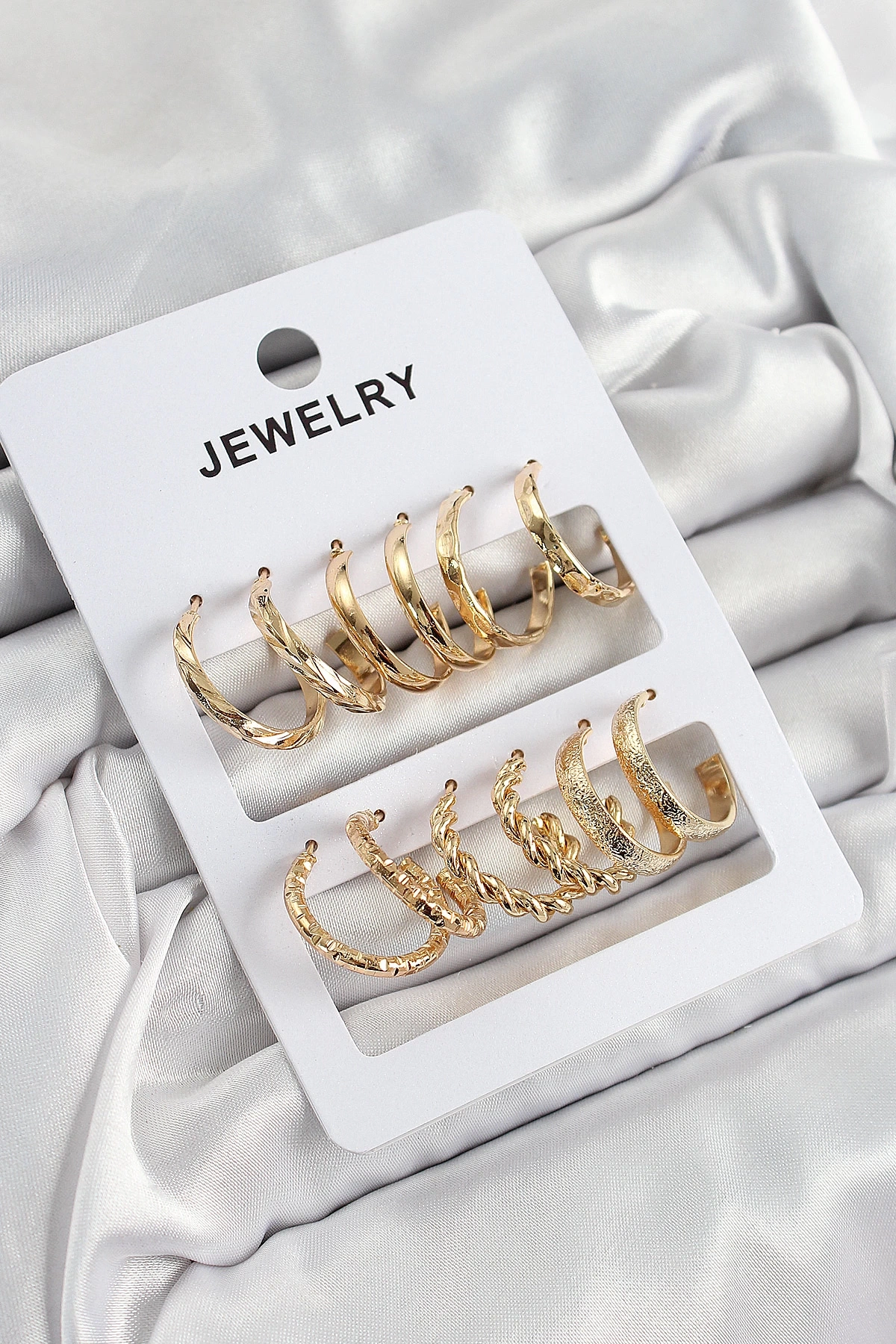 Pirinç Karışık Halka Model Gold Renk 6 Çift Kadın Küpe Set