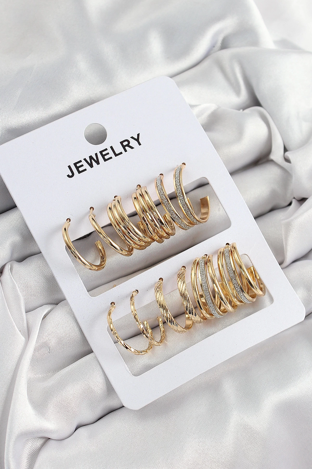Pirinç Karışık Halka Model Gold Renk 6 Çift Kadın Küpe Set