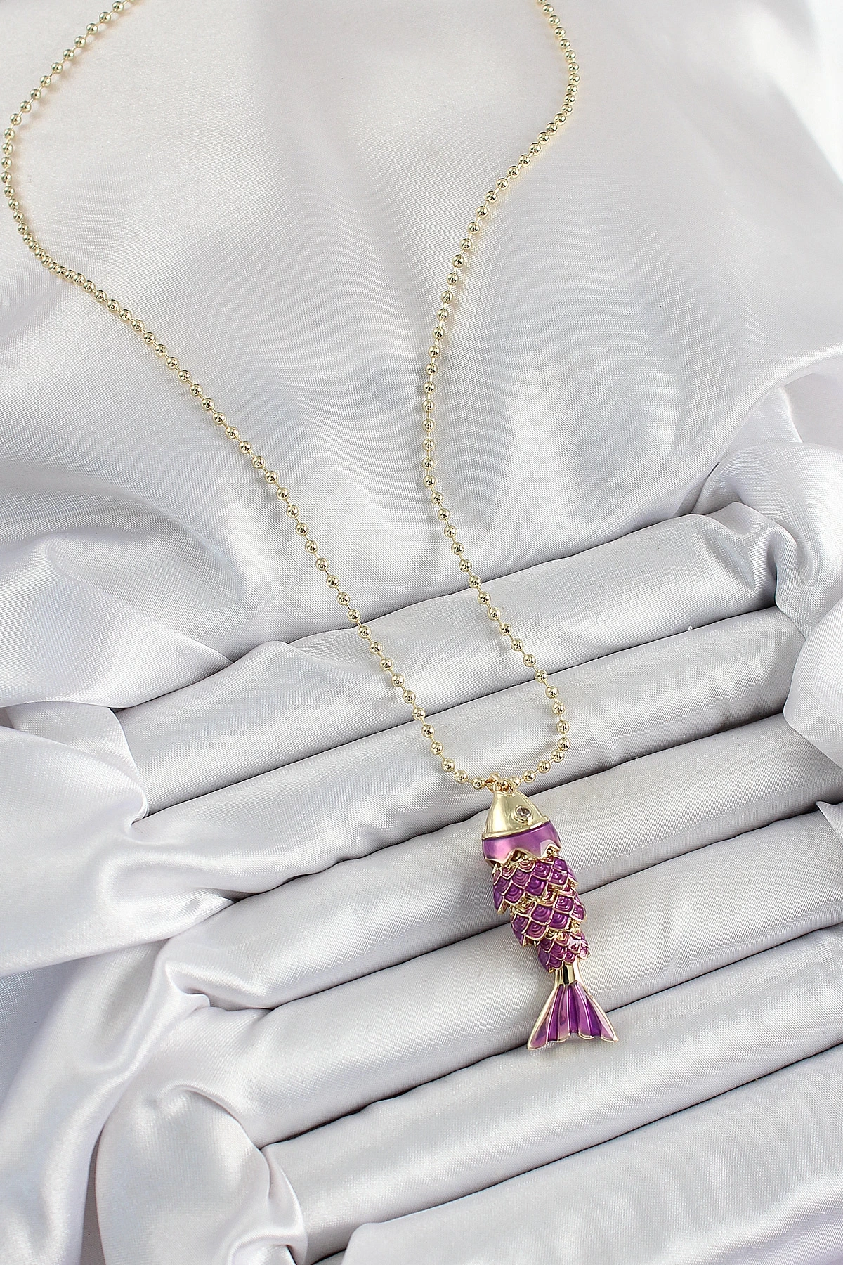 Pirinç Mor Balık Model Zirkon Taşlı Gold Renk Kadın Kolye