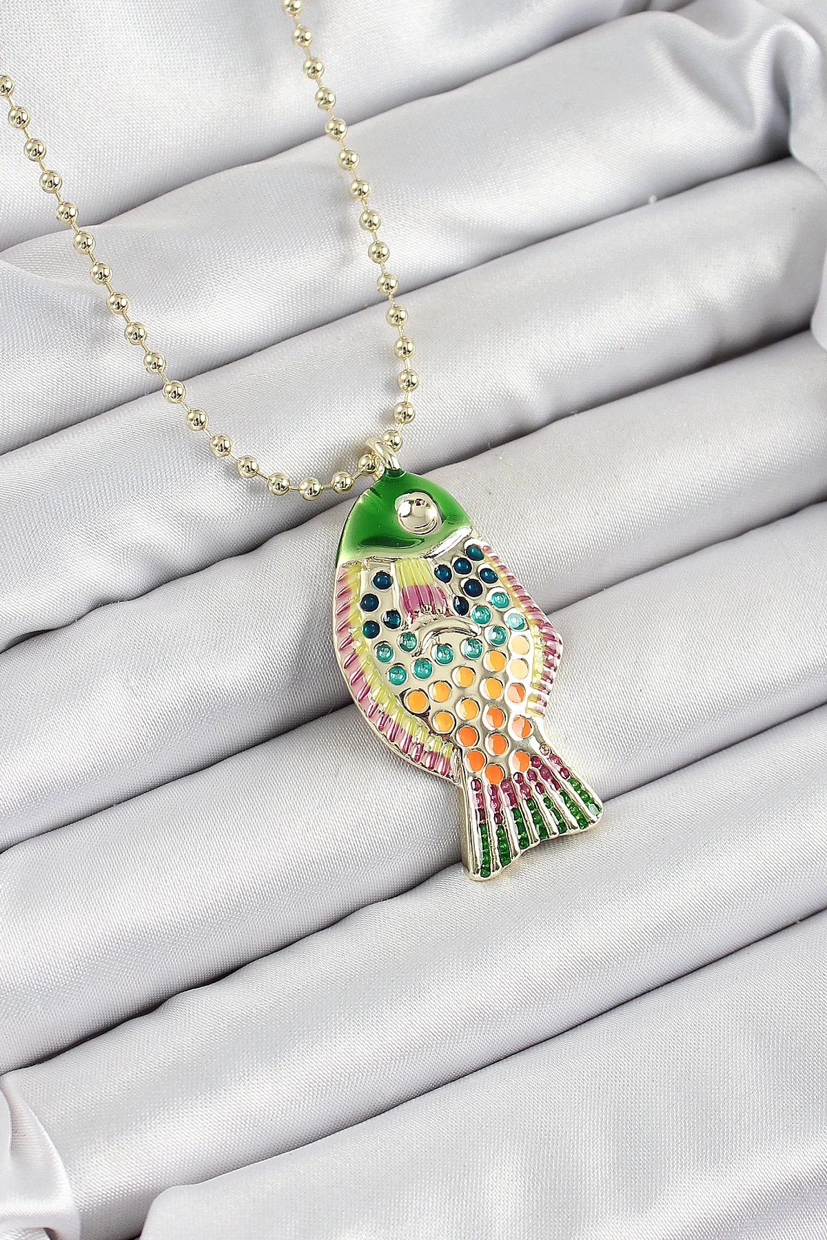 Pirinç Rainbow Balık Model Zirkon Taşlı Gold Renk Kadın Kolye