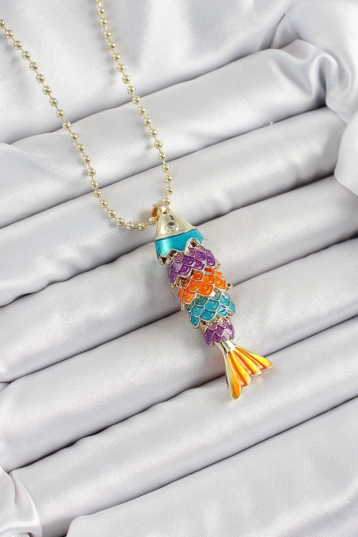 Pirinç Rainbow Balık Model Zirkon Taşlı Gold Renk Kadın Kolye