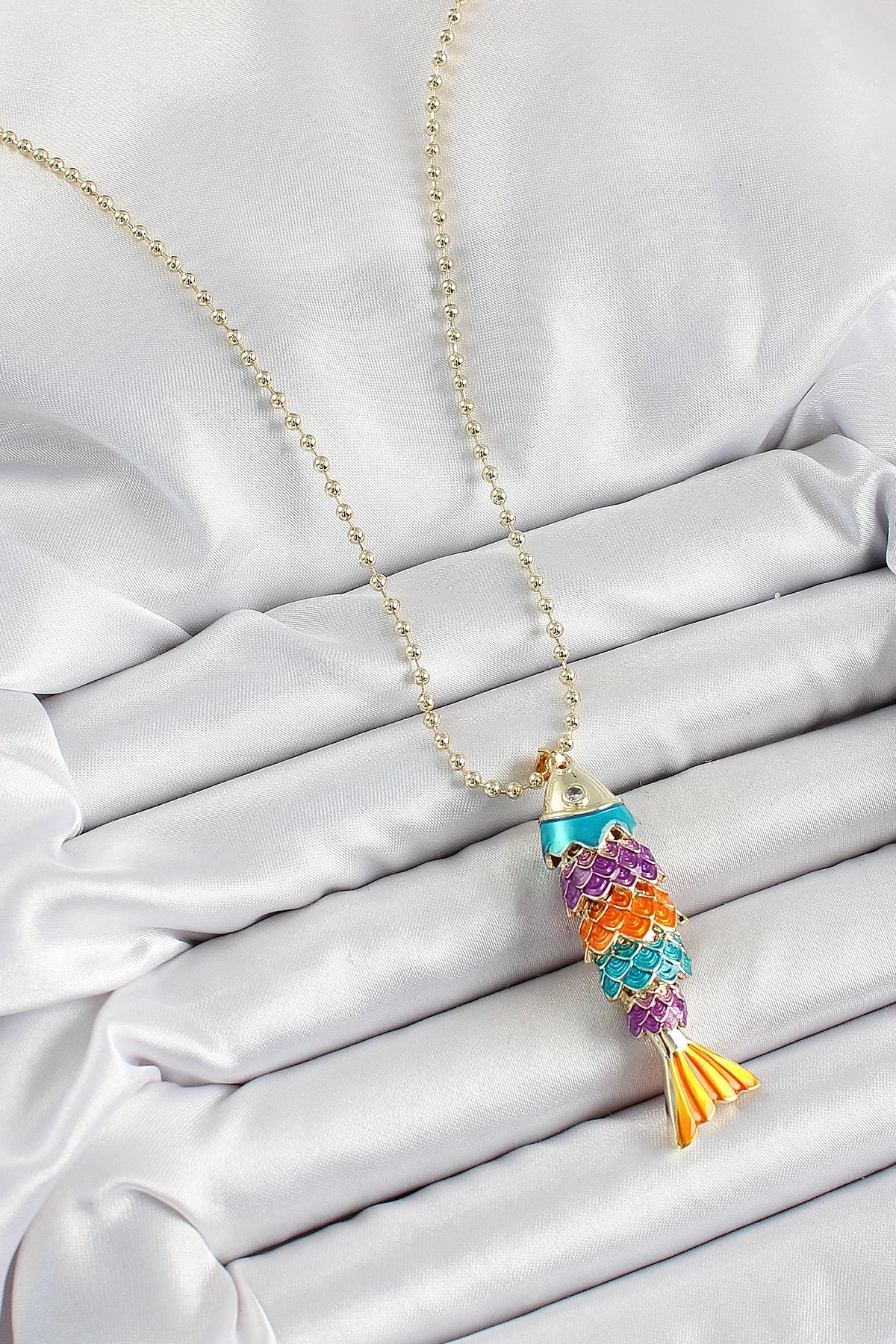 Pirinç Rainbow Balık Model Zirkon Taşlı Gold Renk Kadın Kolye