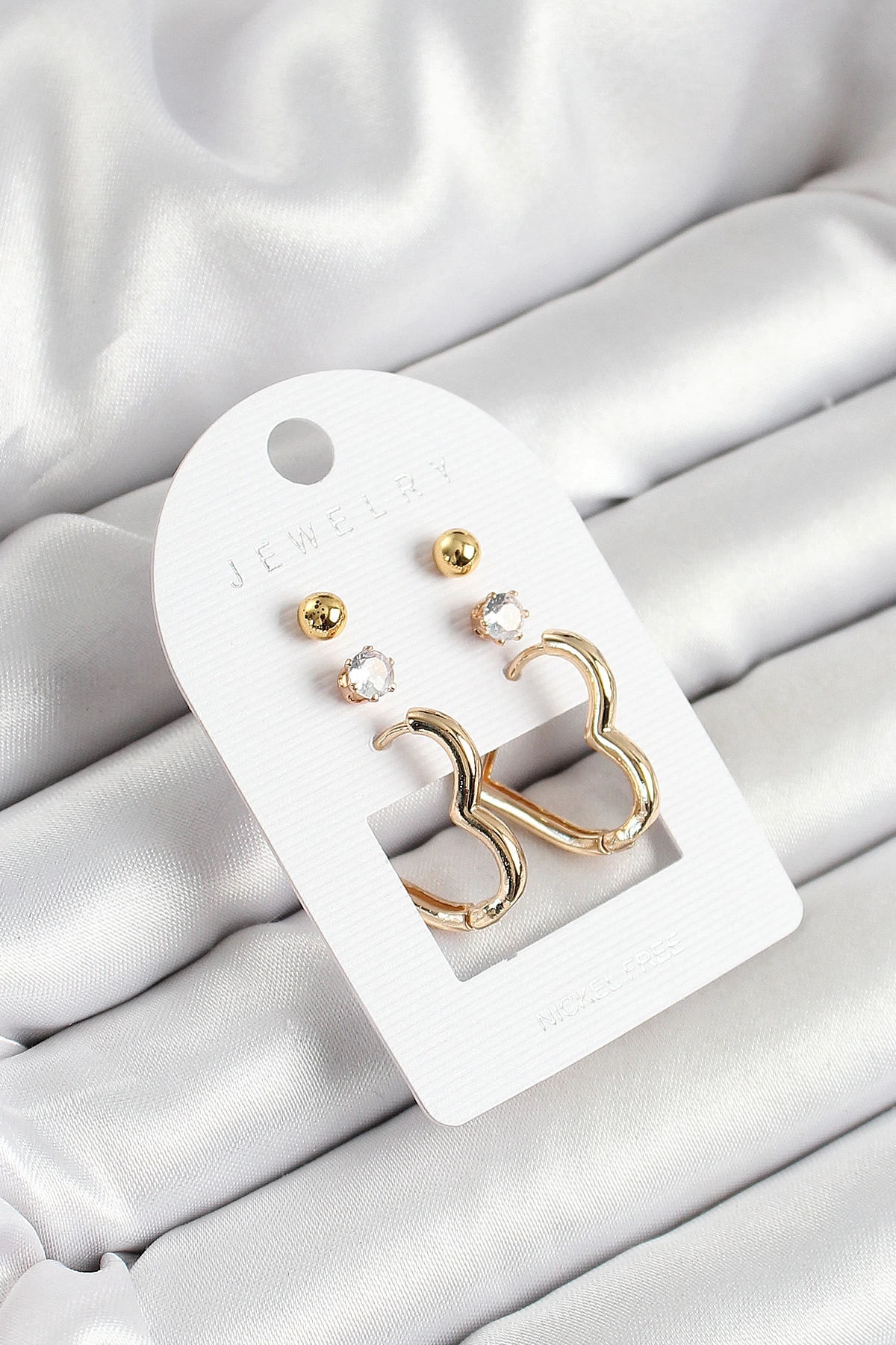 Pirinç Zirkon Taş Ve Kalp Figürlü Gold Renk 3lü Çift Kadın Küpe Set
