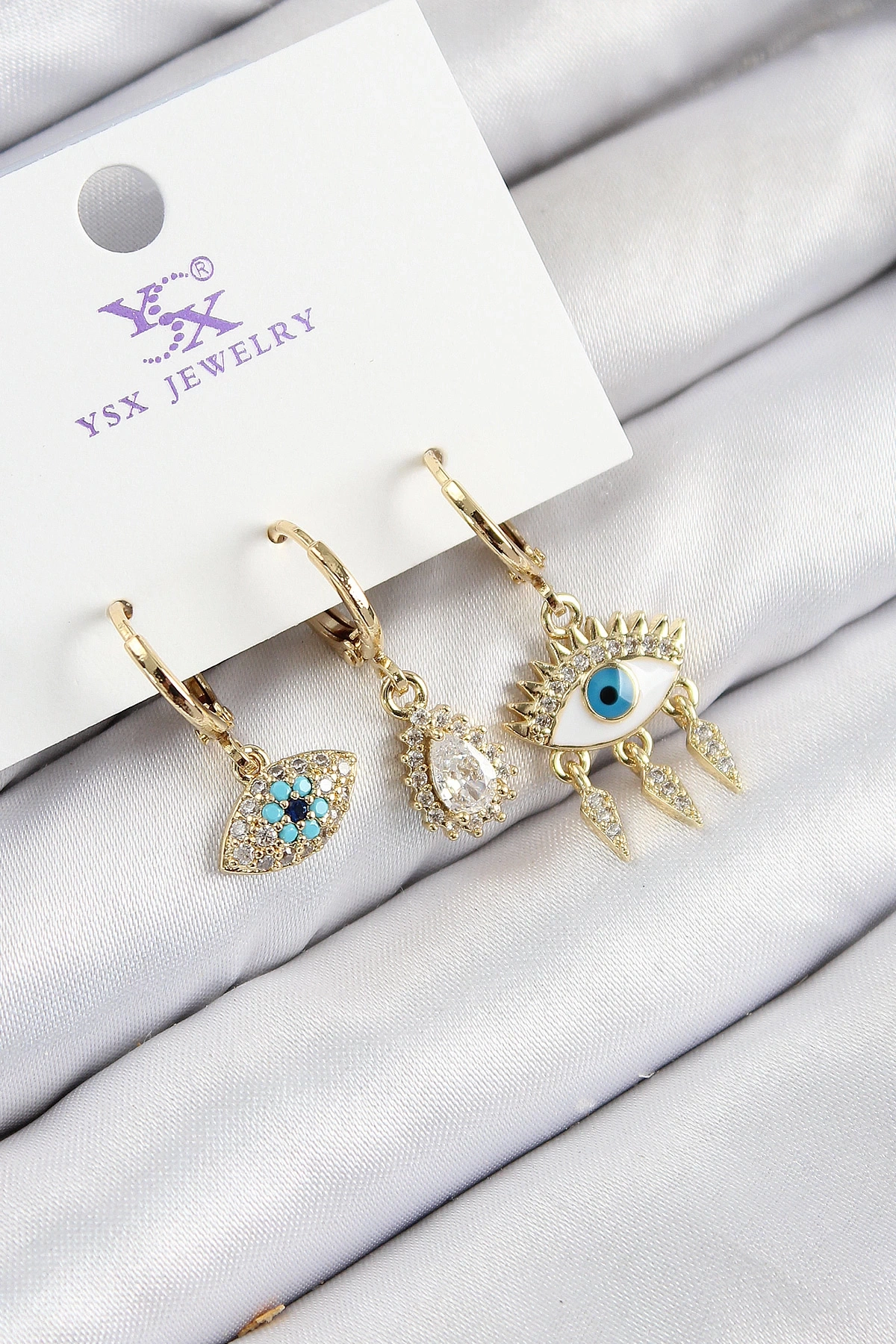 Pirinç Zirkon Taşlı 3lü Fatmanın Gözü Model Gold Renk Kadın Küpe