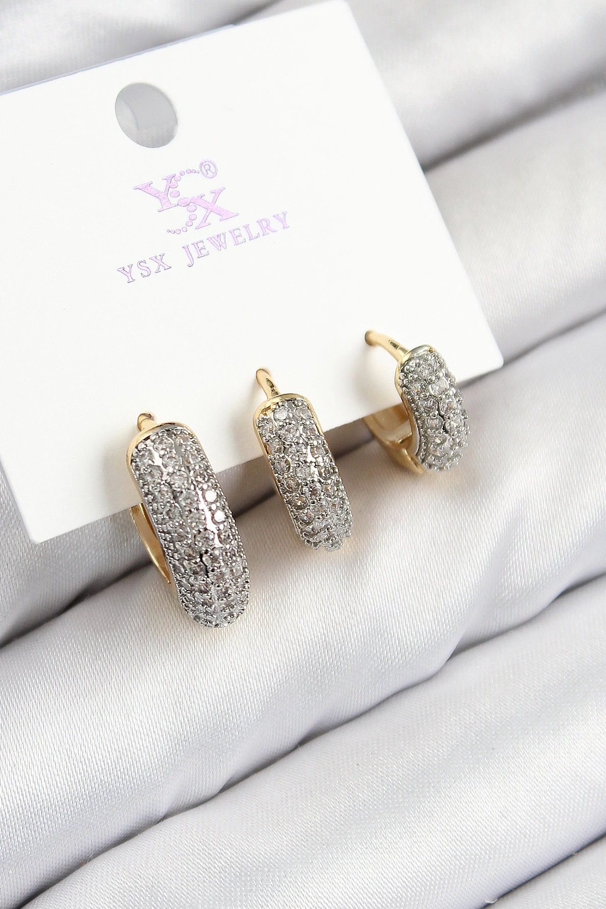 Pirinç Zirkon Taşlı 3lü Halka Model Gold Ve Gümüş Renk Kadın Küpe