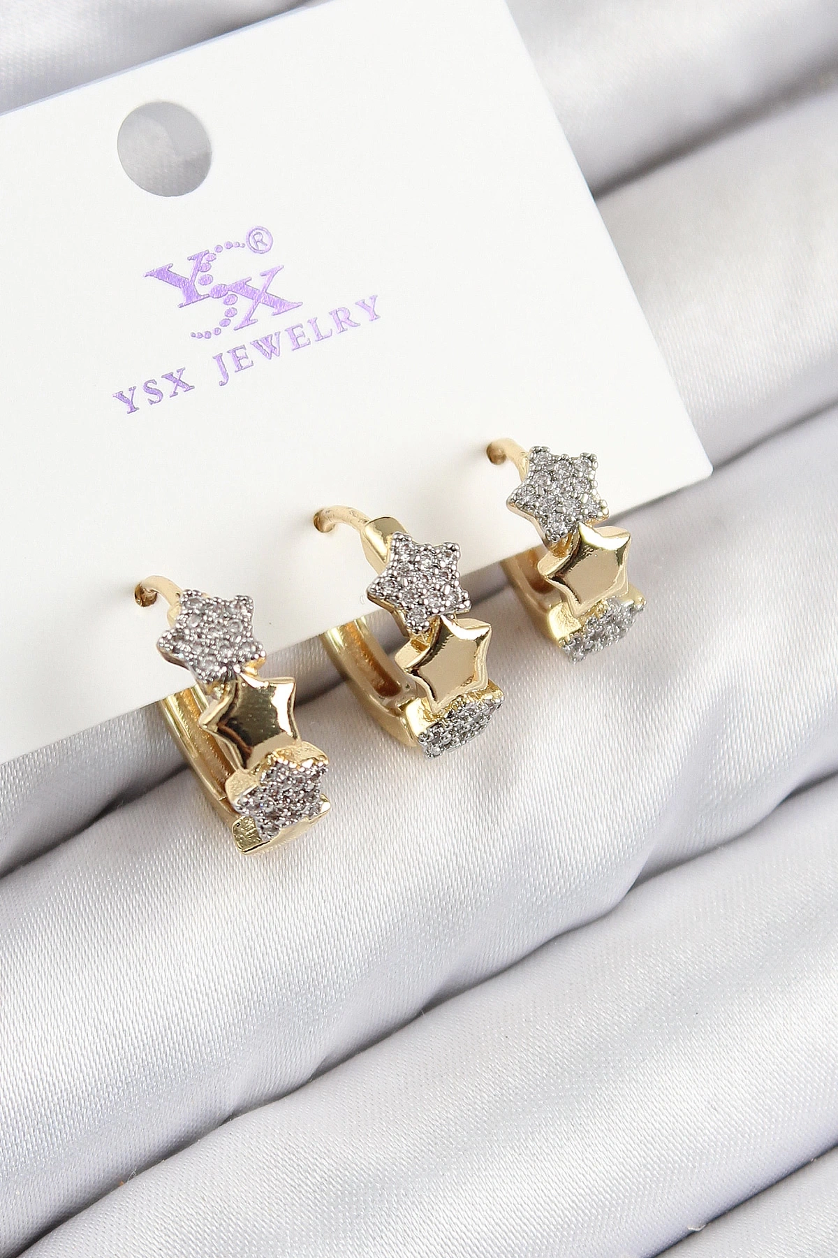 Pirinç Zirkon Taşlı 3lü Halka Yıldız Model Gold Ve Gümüş Renk Kadın Küpe