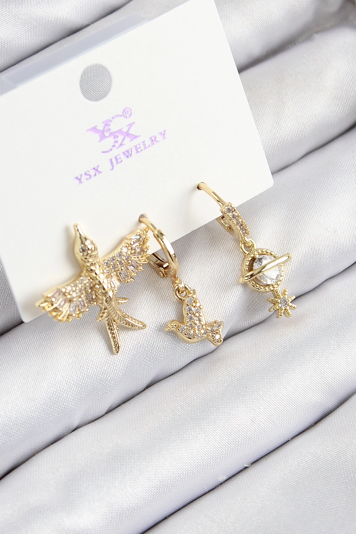 Pirinç Zirkon Taşlı 3lü Kuş Model Gold Renk Kadın Küpe