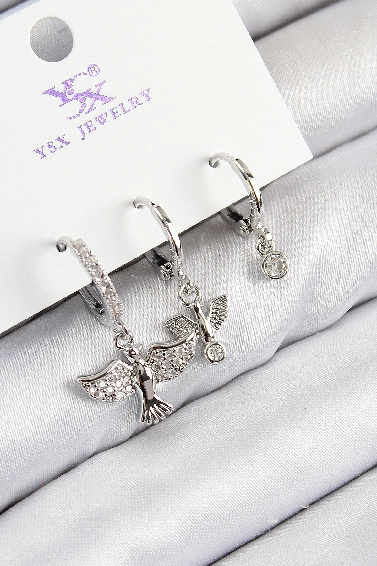 Pirinç Zirkon Taşlı 3lü Kuş Model Gümüş Renk Kadın Küpe