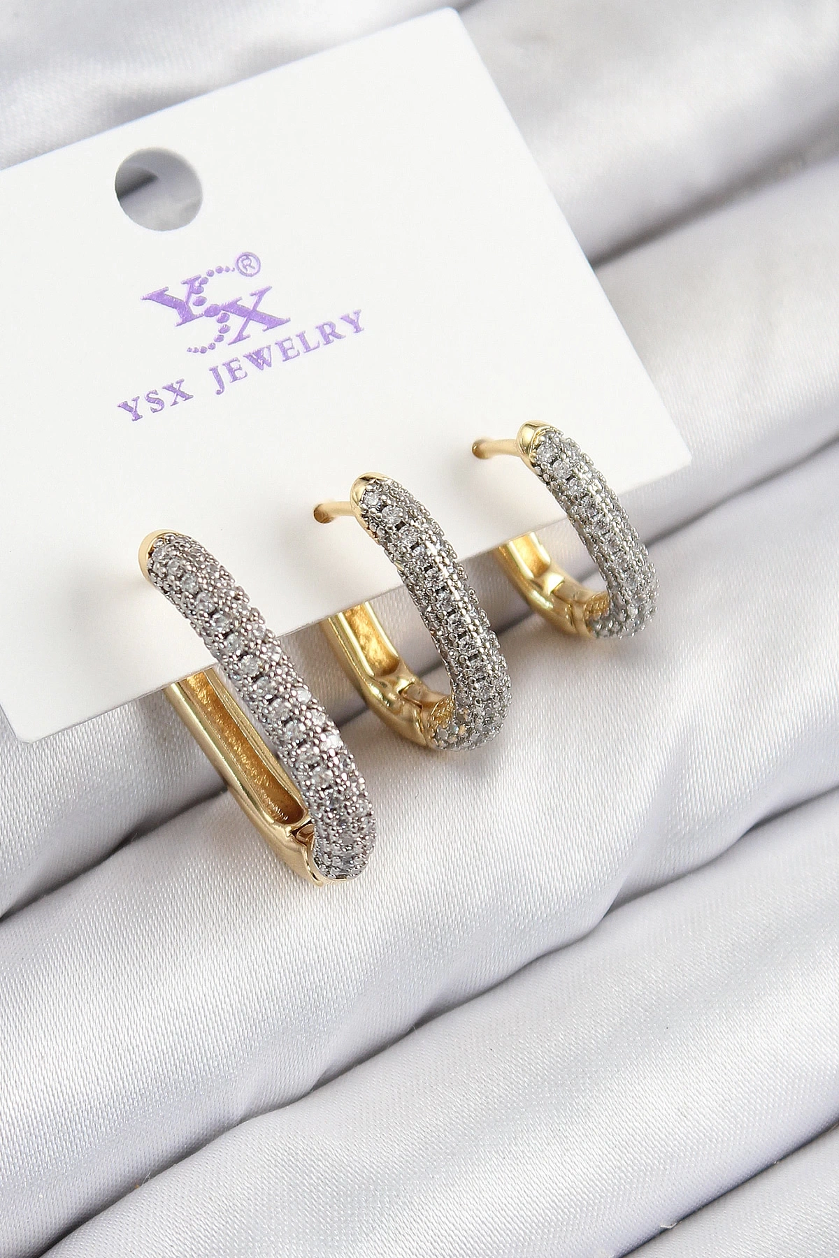 Pirinç Zirkon Taşlı 3lü Oval Dikdörtgen Model Gold Ve Gümüş Renk Kadın Küpe